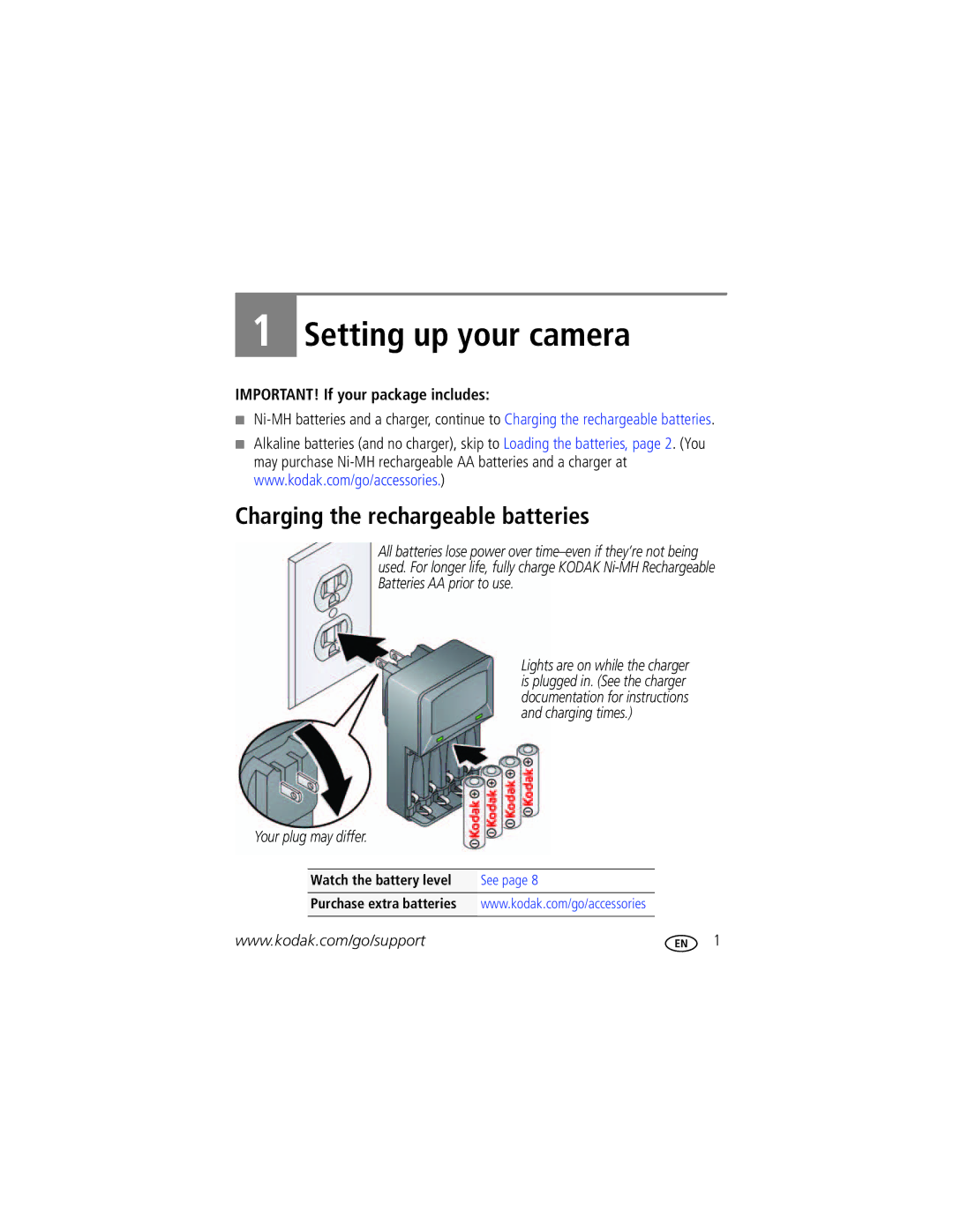 Kodak Z5010 manual Setting up your camera, Charging the rechargeable batteries, IMPORTANT! If your package includes 