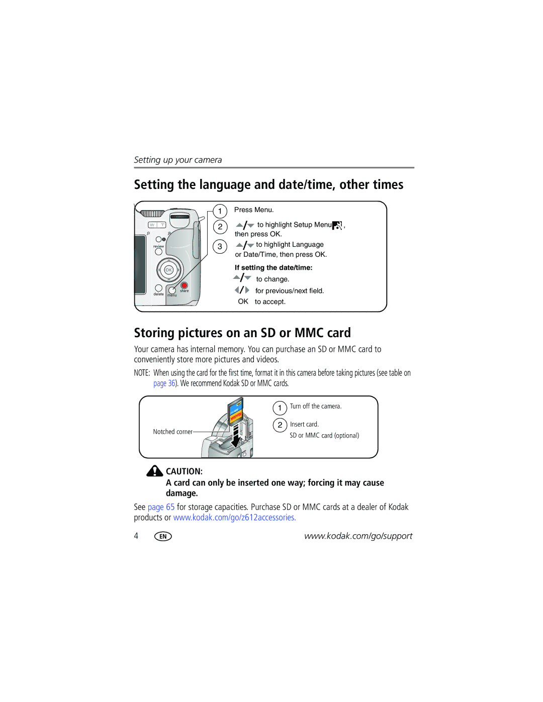 Kodak Z612 manual Setting the language and date/time, other times, Storing pictures on an SD or MMC card 