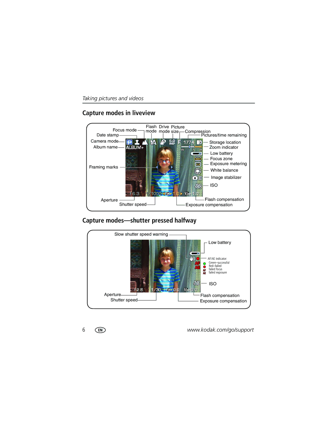 Kodak Z612 manual Capture modes in liveview, Capture modes-shutter pressed halfway 