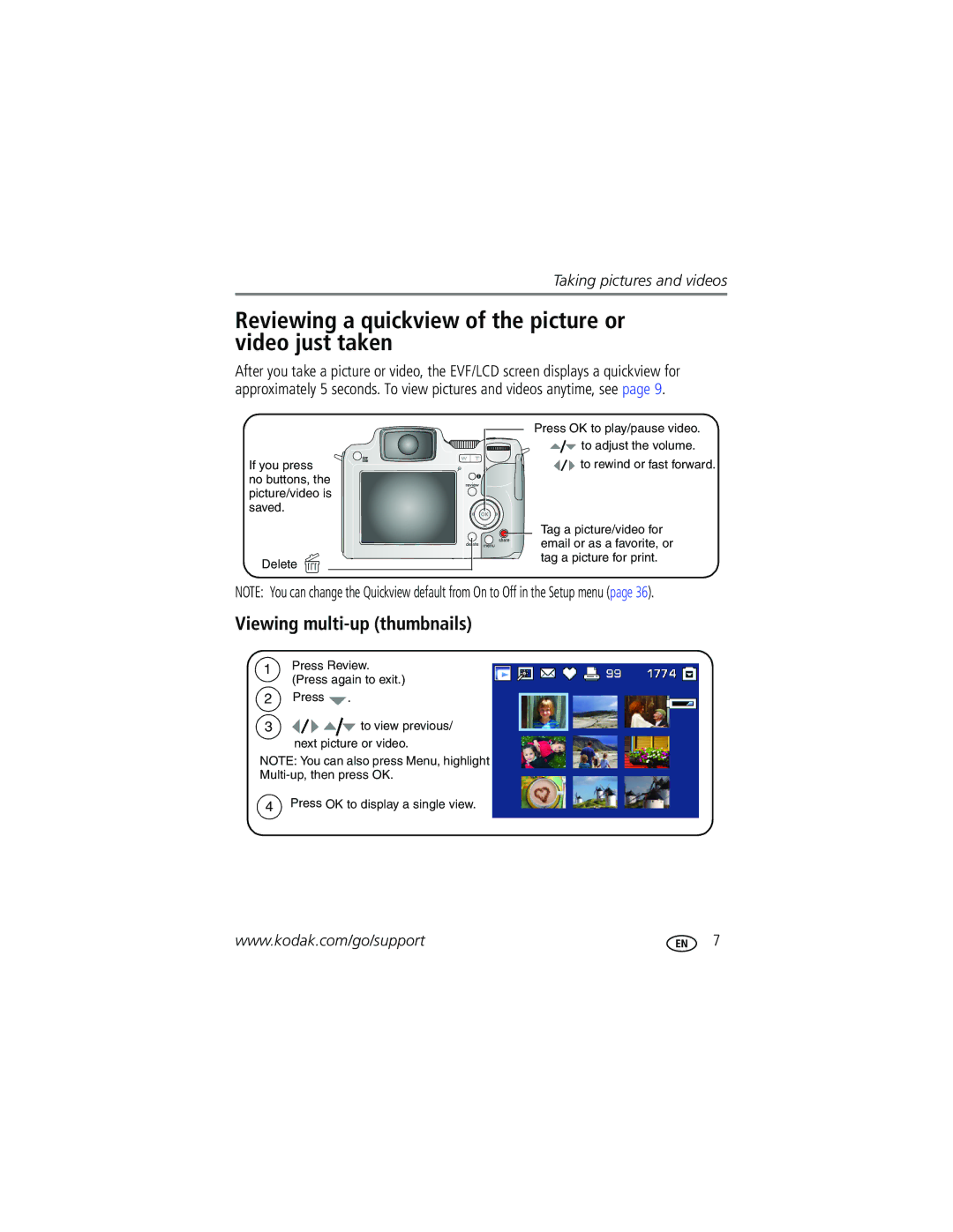 Kodak Z612 manual Reviewing a quickview of the picture or video just taken, Viewing multi-up thumbnails 