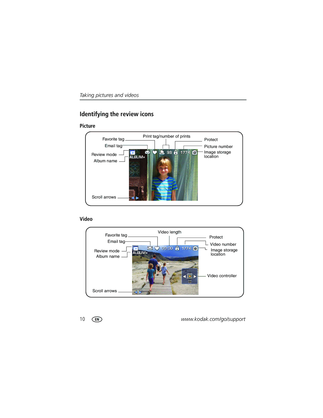 Kodak Z612 manual Identifying the review icons, Picture, Video 