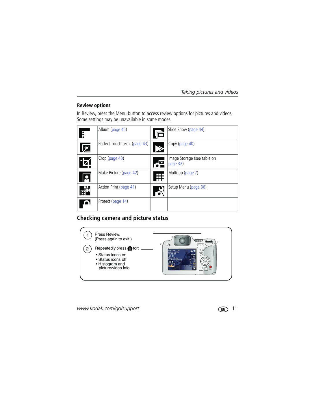 Kodak Z612 manual Checking camera and picture status, Review options 