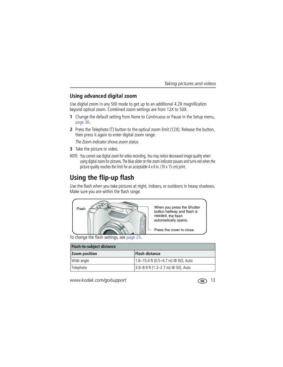 Kodak Z612 manual Using the flip-up flash, Using advanced digital zoom, Take the picture or video 