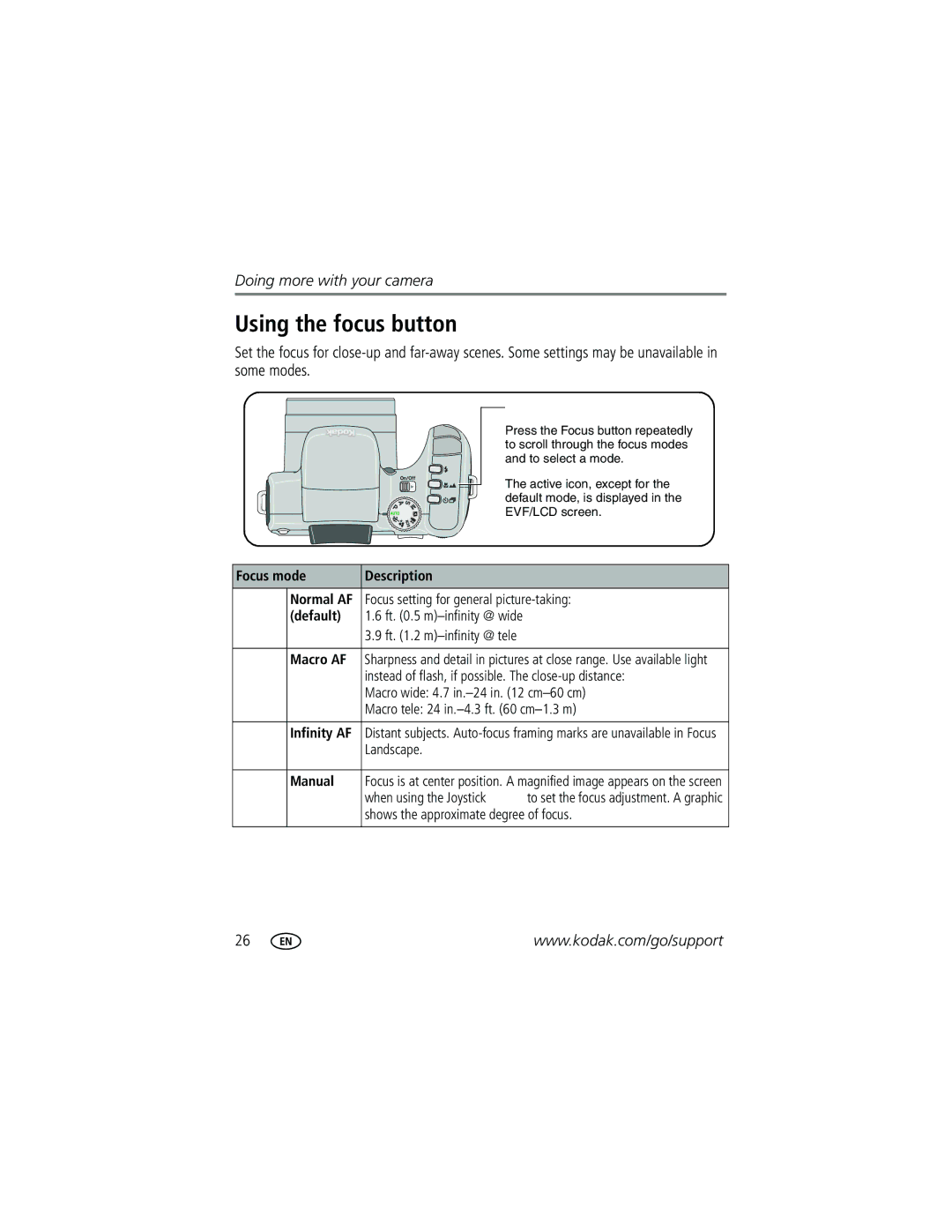 Kodak Z612 manual Using the focus button, Focus mode Description Normal AF, Default, Macro AF, Infinity AF 