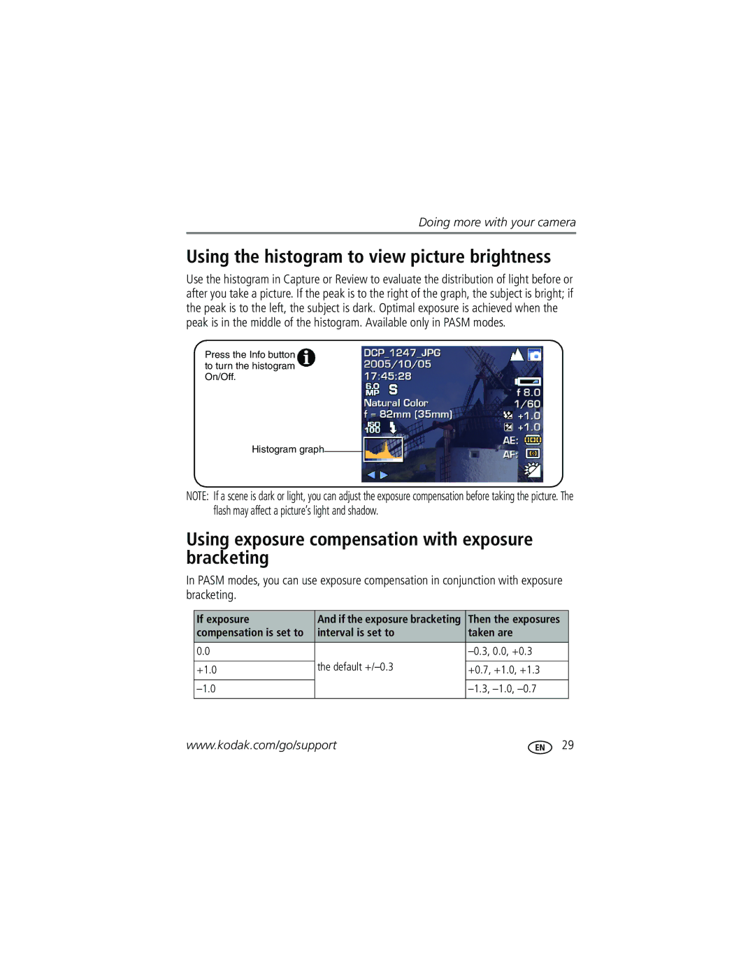 Kodak Z612 manual Using the histogram to view picture brightness, Using exposure compensation with exposure bracketing 