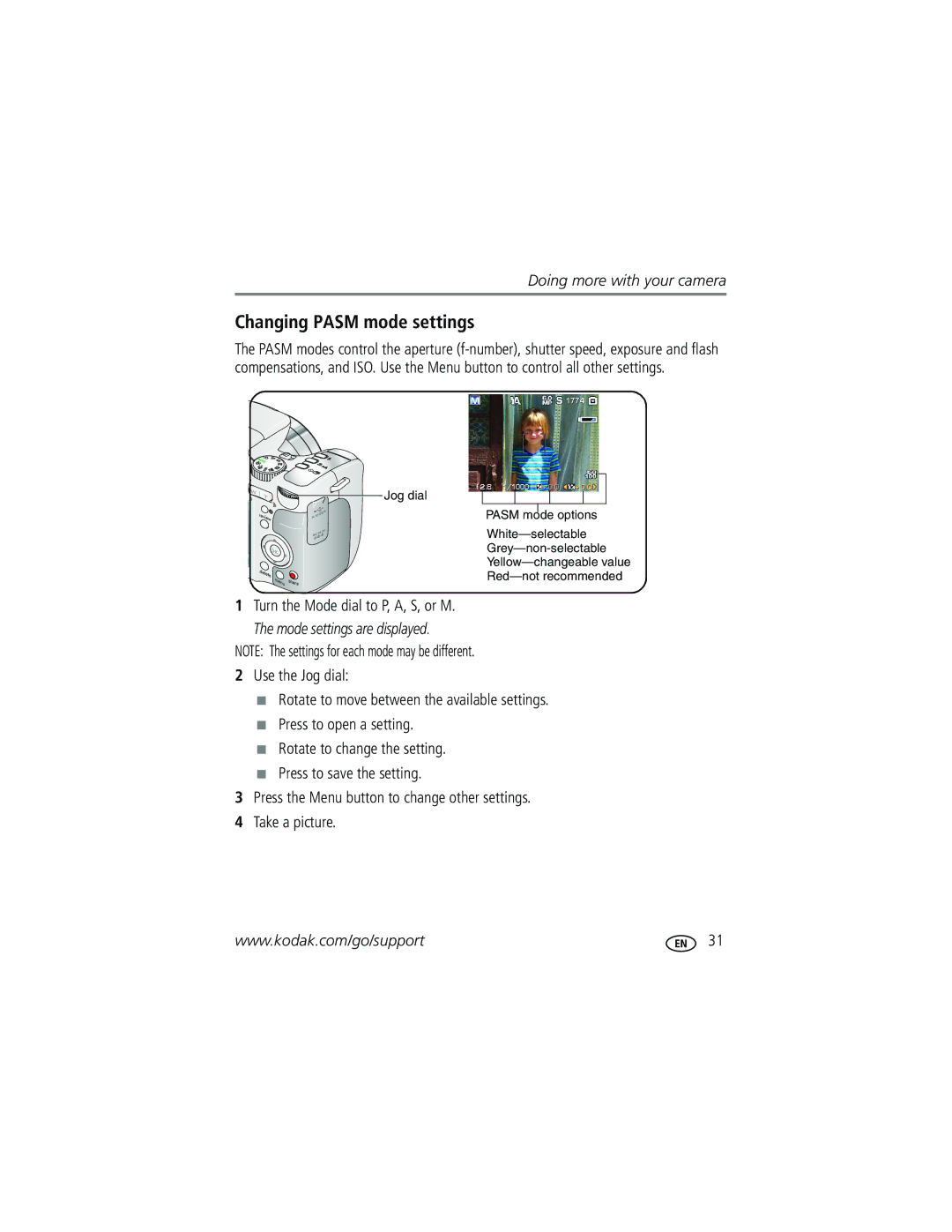 Kodak Z612 manual Changing Pasm mode settings, Turn the Mode dial to P, A, S, or M 