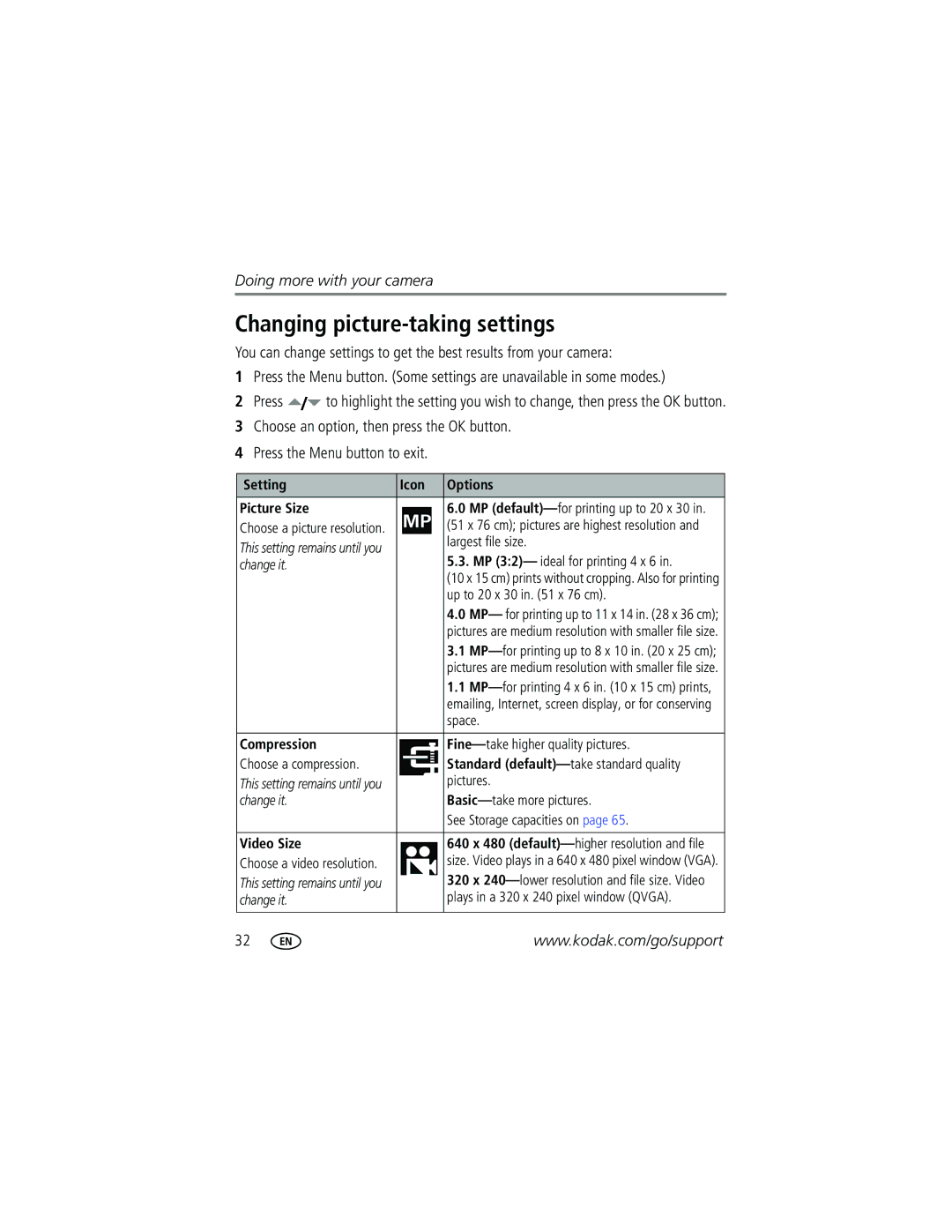 Kodak Z612 manual Changing picture-taking settings, Setting Icon Options Picture Size, Compression, Video Size 