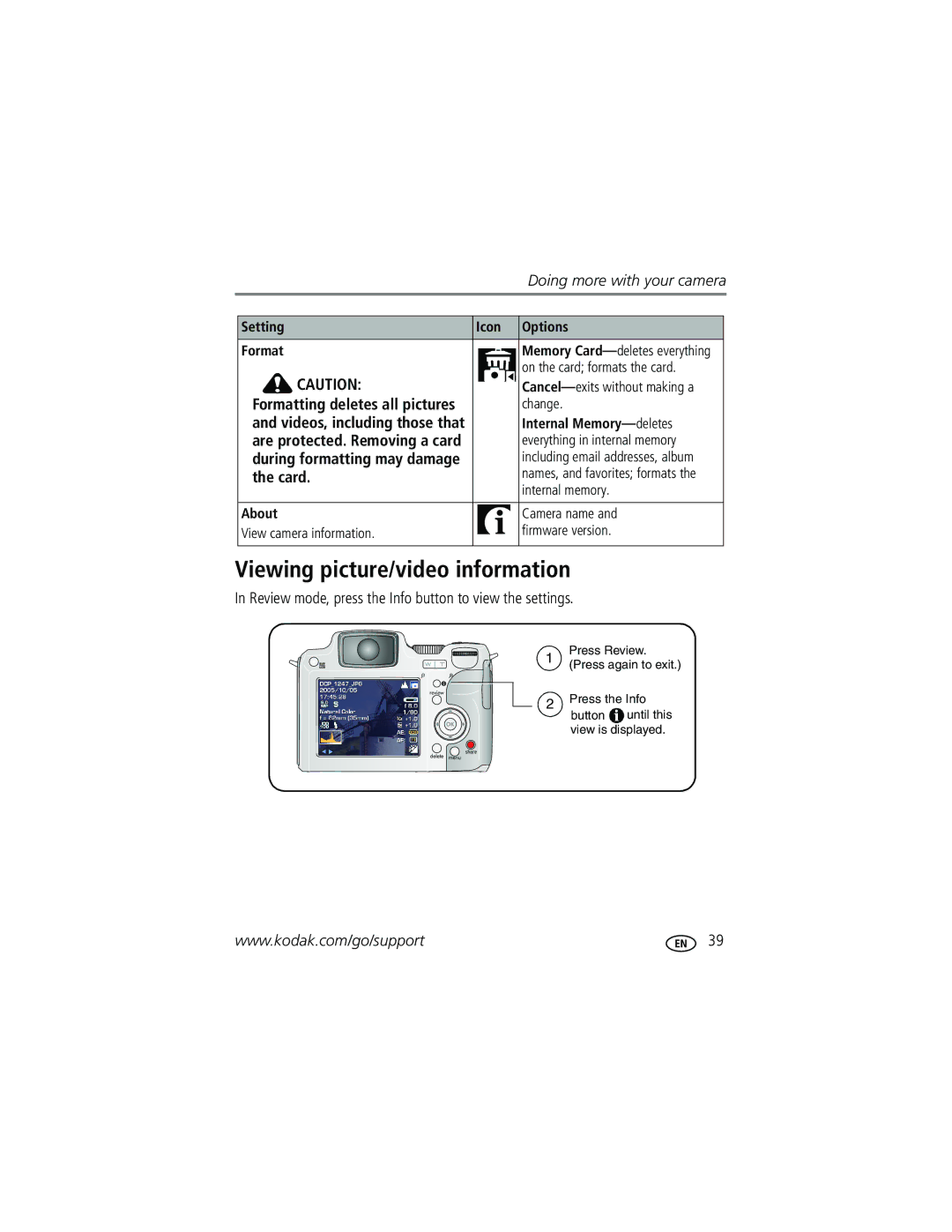 Kodak Z612 manual Viewing picture/video information, Card, Review mode, press the Info button to view the settings 