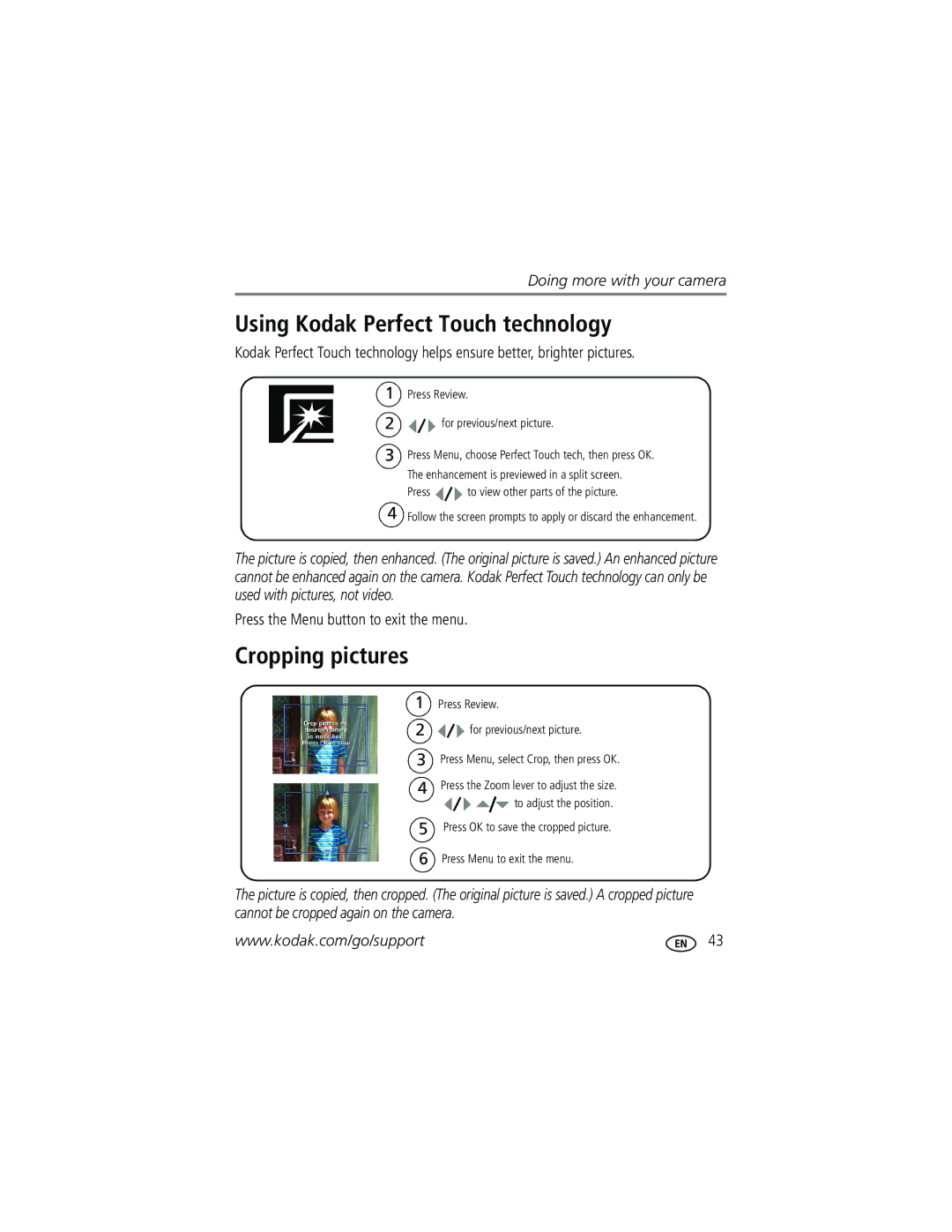 Kodak Z612 manual Using Kodak Perfect Touch technology, Cropping pictures 