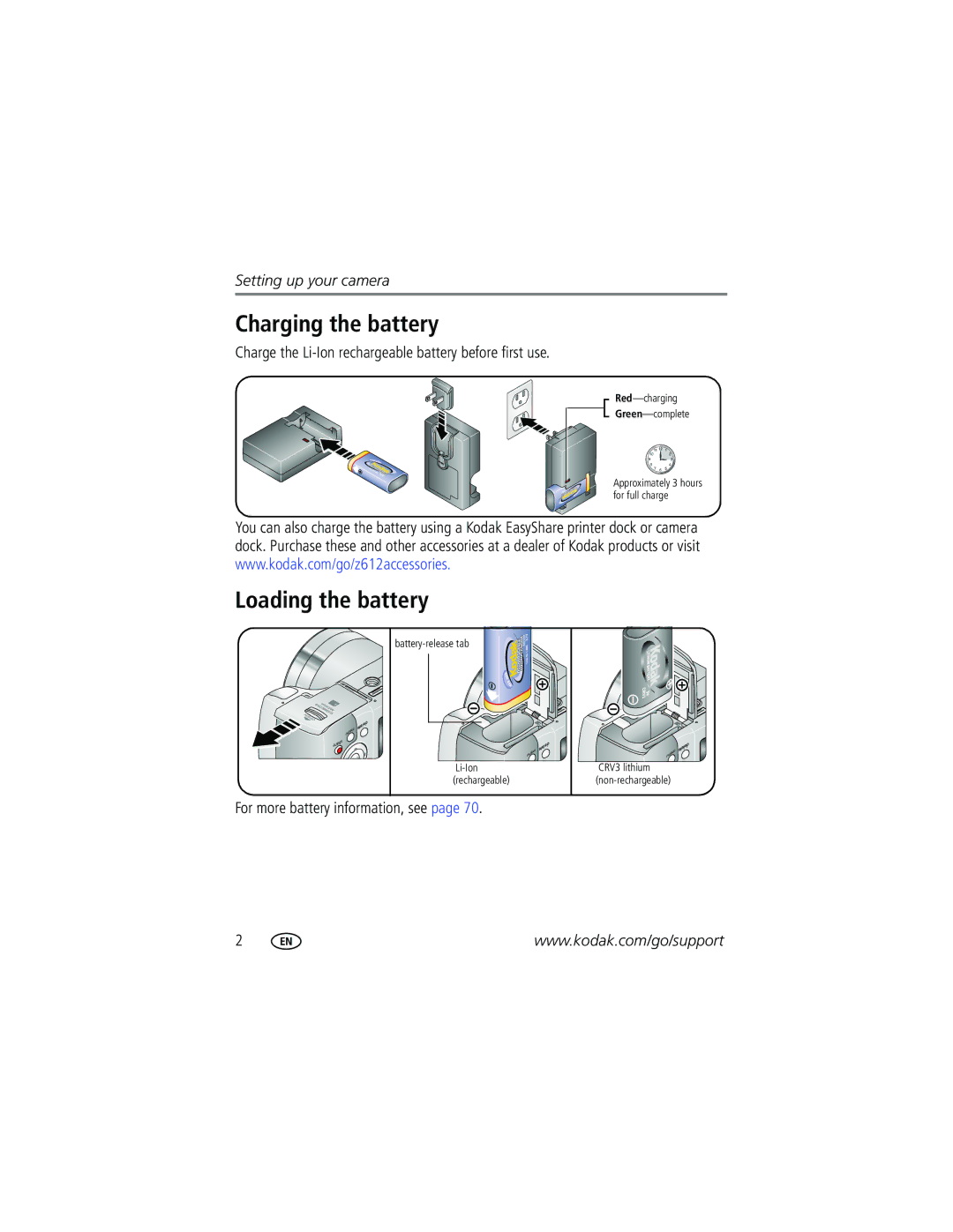 Kodak Z612 manual Charging the battery, Loading the battery, Charge the Li-Ion rechargeable battery before first use 