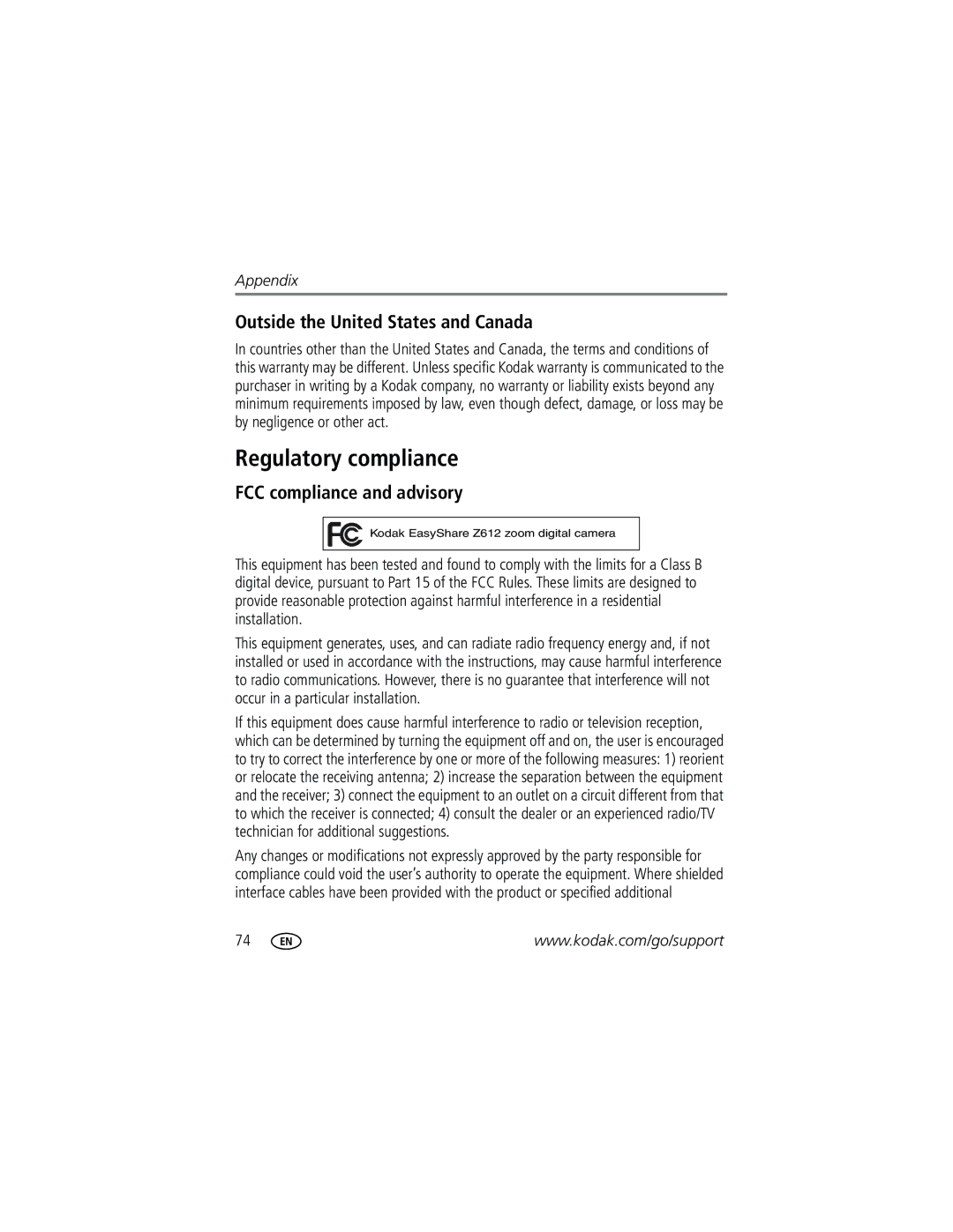 Kodak Z612 manual Regulatory compliance, Outside the United States and Canada, FCC compliance and advisory 