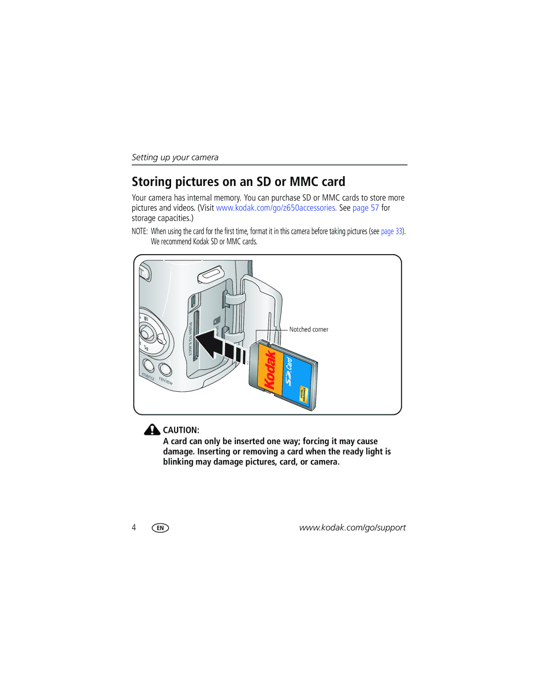 Kodak Z650 manual Storing pictures on an SD or MMC card 