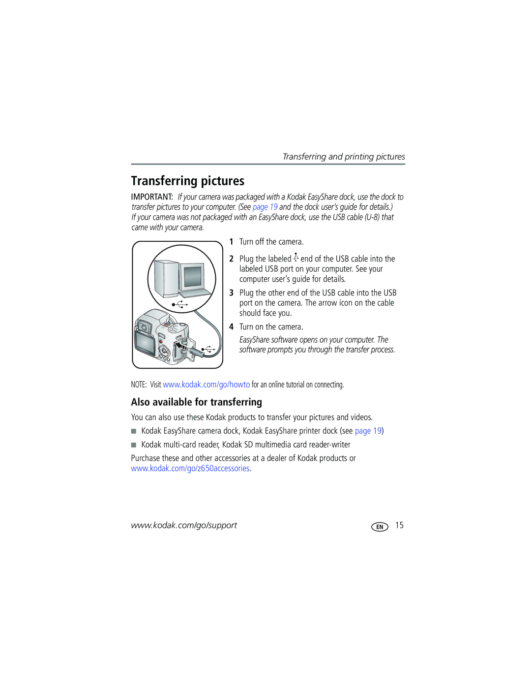 Kodak Z650 manual Transferring pictures, Also available for transferring, Turn off the camera, Turn on the camera 