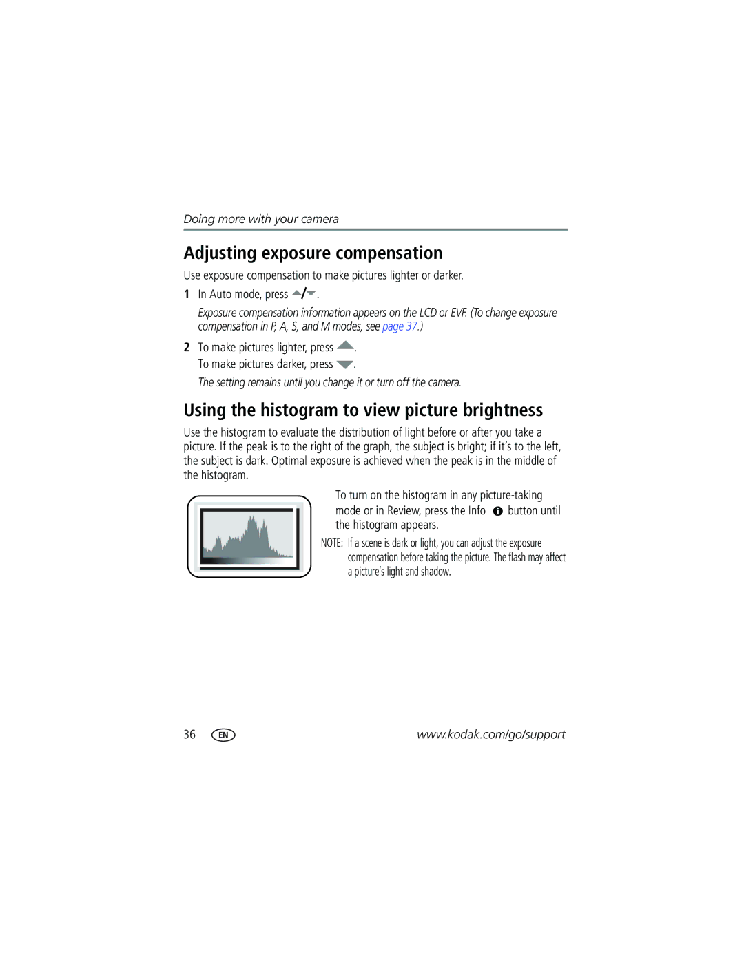 Kodak Z650 manual Adjusting exposure compensation, Using the histogram to view picture brightness 