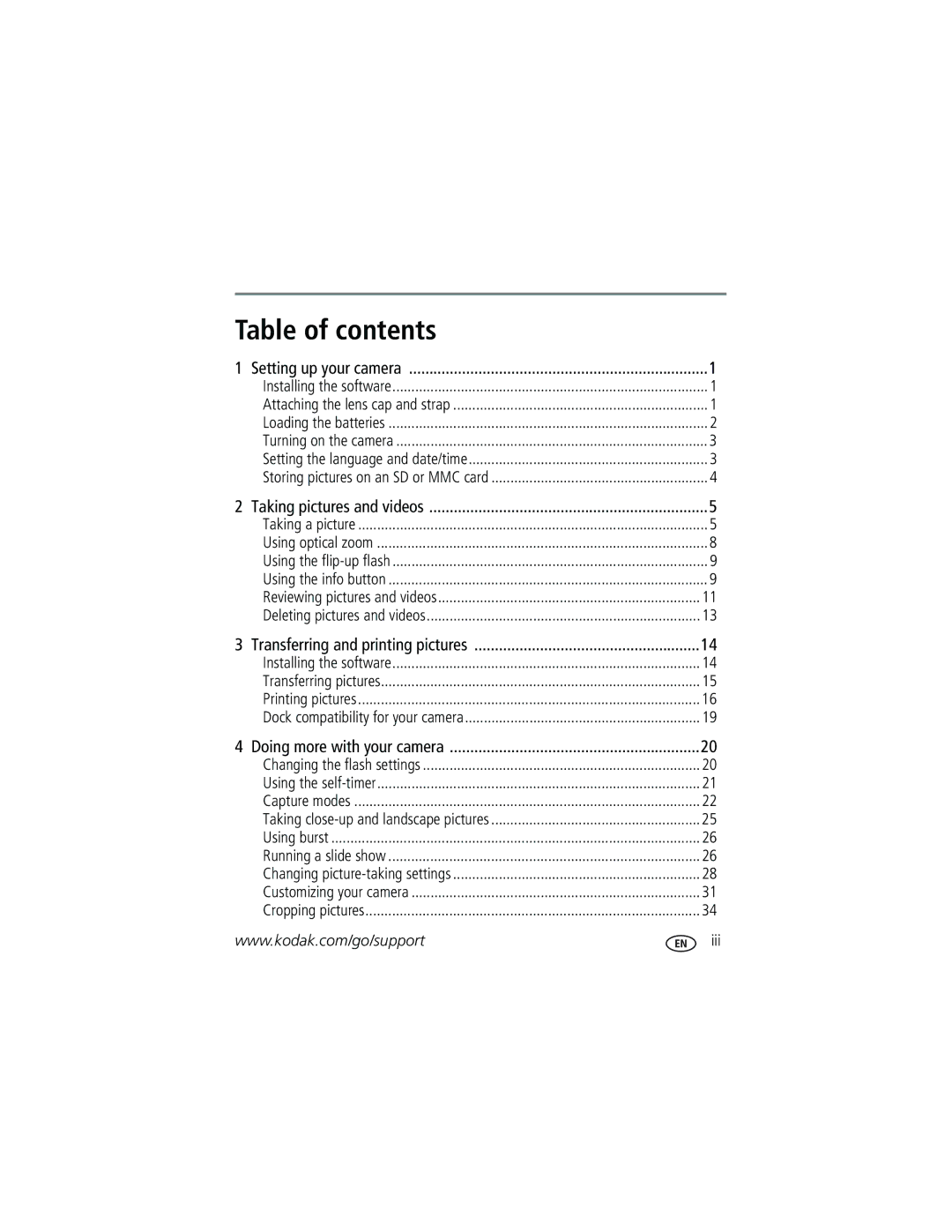 Kodak Z650 manual Table of contents 