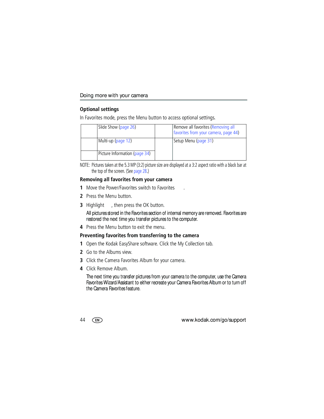 Kodak Z650 manual Optional settings, Removing all favorites from your camera 