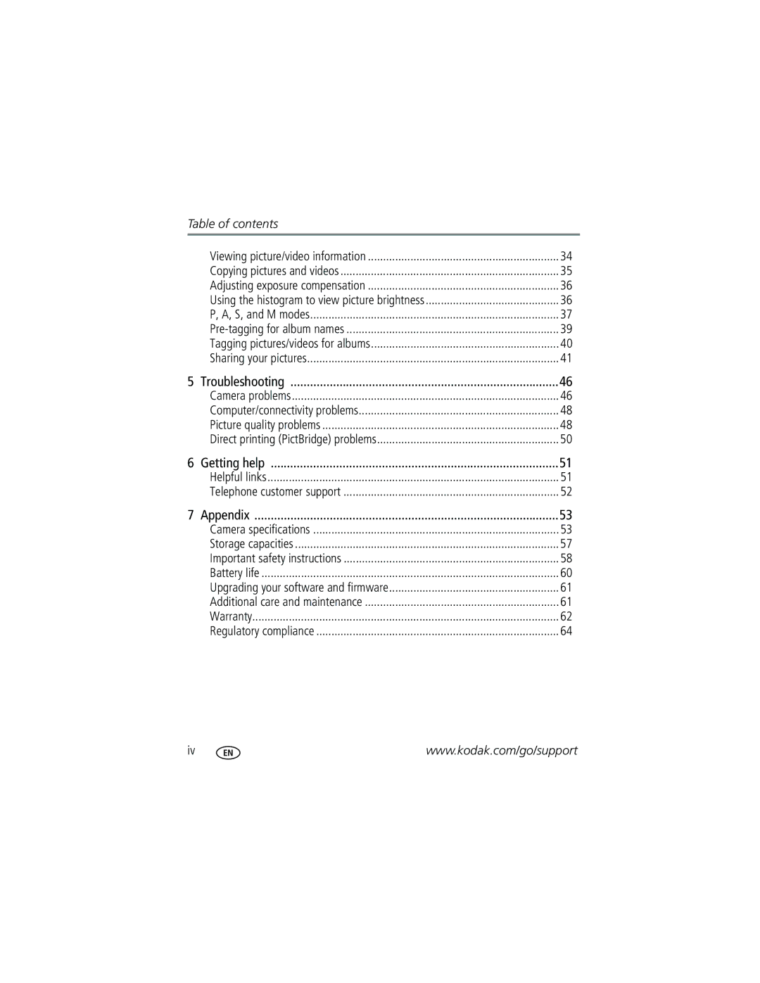 Kodak Z650 manual Table of contents 