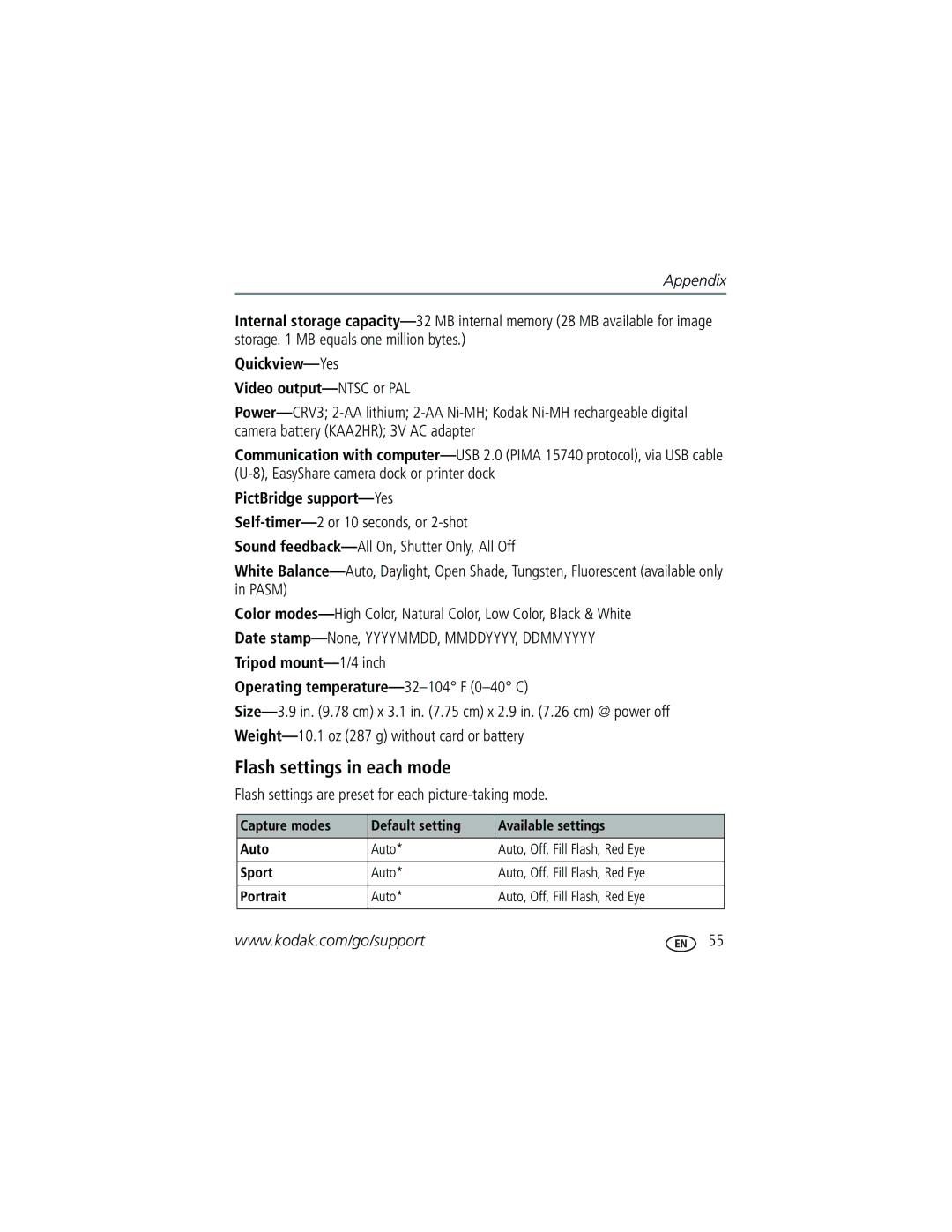 Kodak Z650 manual Flash settings in each mode, Quickview-Yes Video output-NTSC or PAL, PictBridge support-Yes 