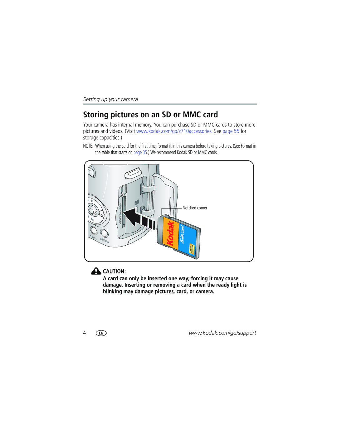 Kodak Z710 manual Storing pictures on an SD or MMC card 