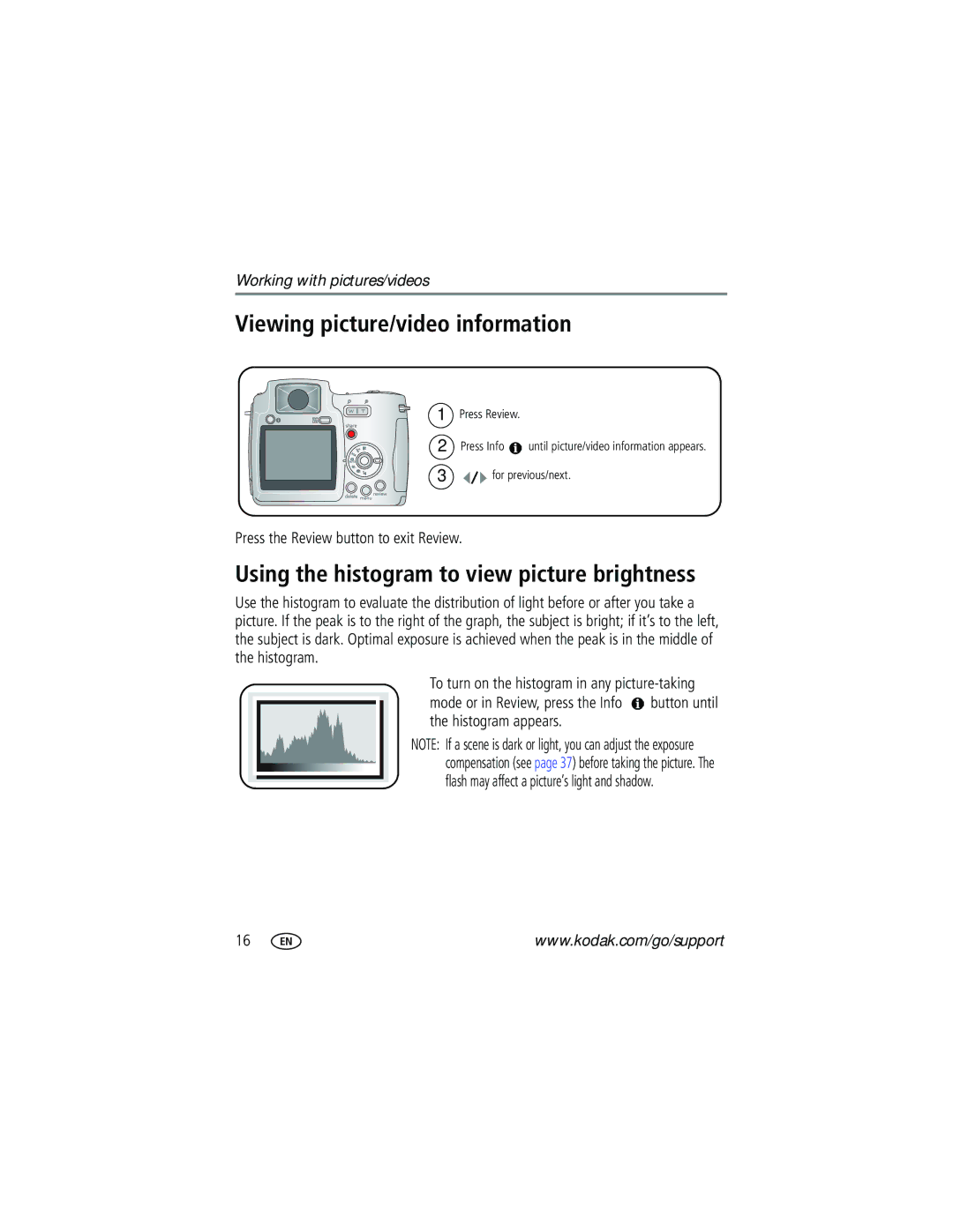 Kodak Z710 manual Viewing picture/video information, Using the histogram to view picture brightness 