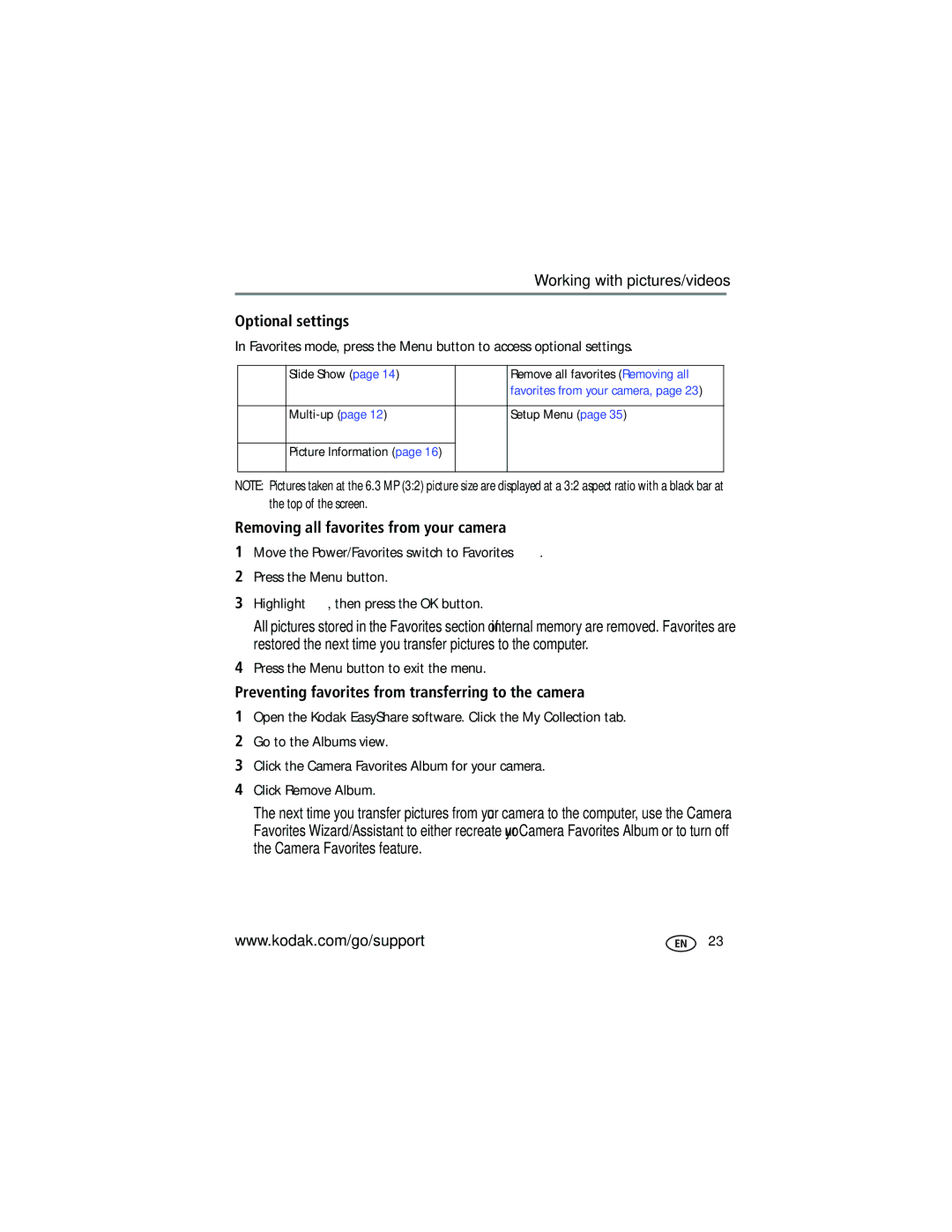 Kodak Z710 manual Optional settings, Removing all favorites from your camera 