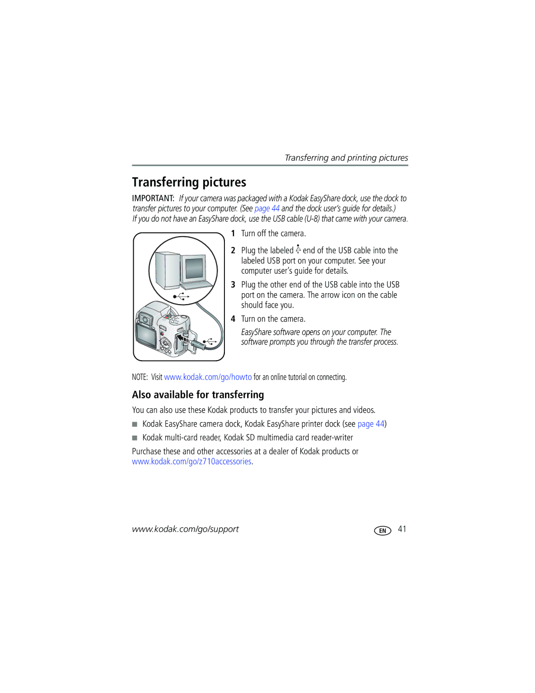 Kodak Z710 manual Transferring pictures, Also available for transferring, Turn off the camera, Turn on the camera 