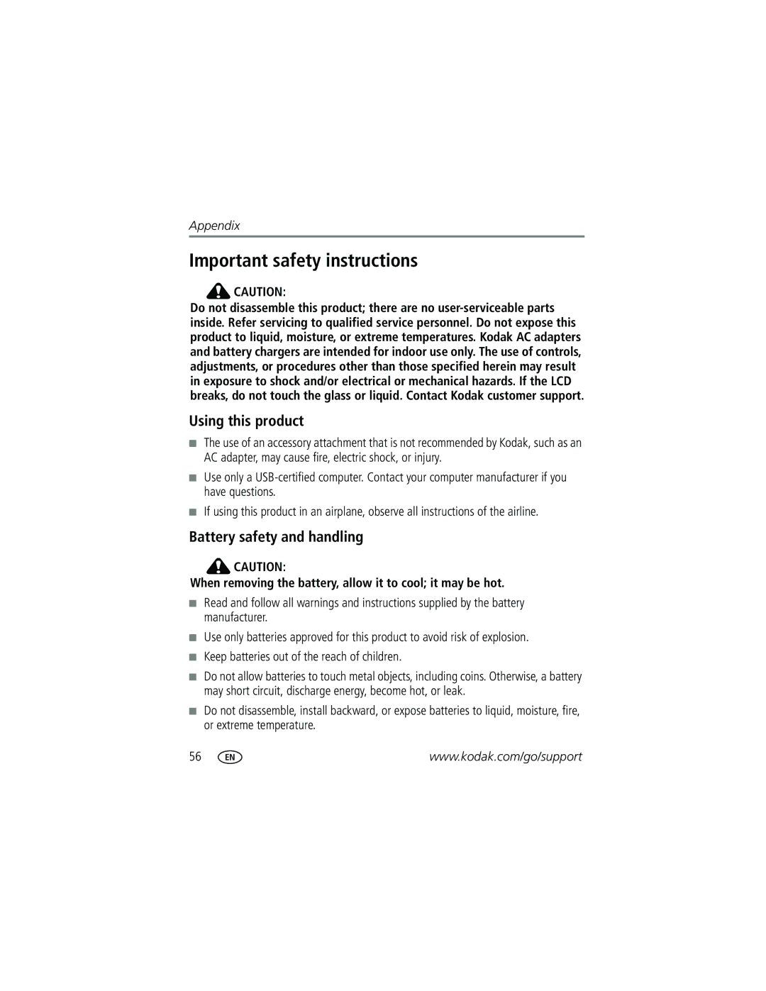 Kodak Z710 manual Important safety instructions, Using this product, Battery safety and handling 