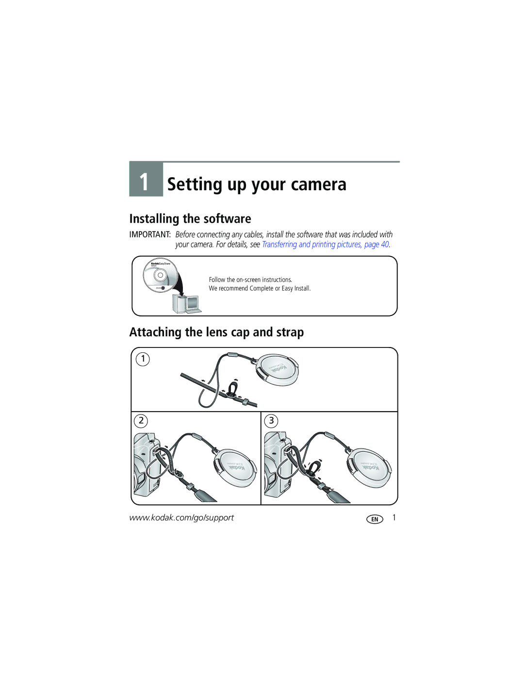 Kodak Z710 manual Installing the software, Attaching the lens cap and strap 