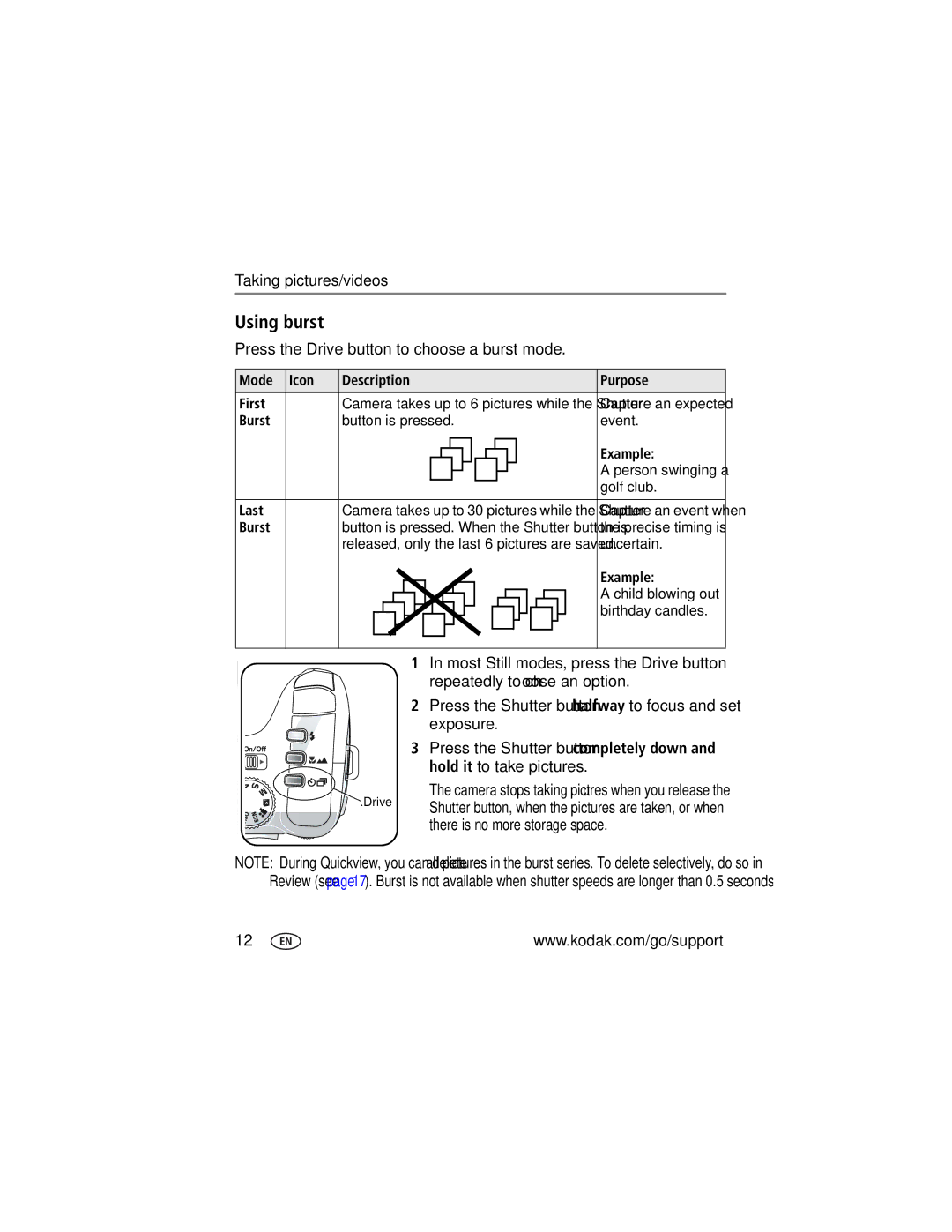 Kodak Z712 IS manual Using burst, Press the Drive button to choose a burst mode 