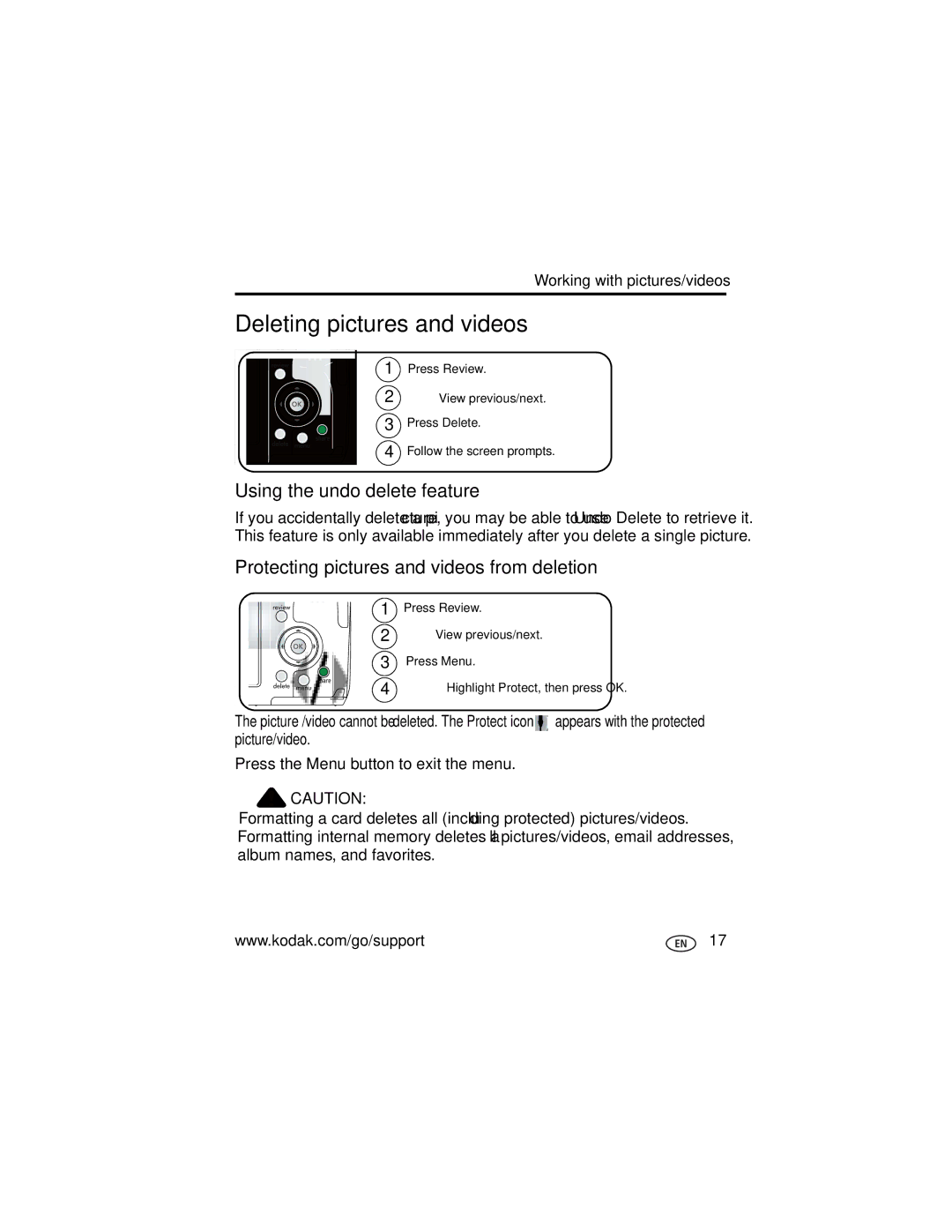 Kodak Z712 IS Deleting pictures and videos, Using the undo delete feature, Protecting pictures and videos from deletion 