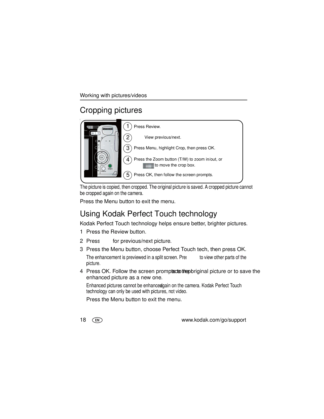 Kodak Z712 IS manual Cropping pictures, Using Kodak Perfect Touch technology 