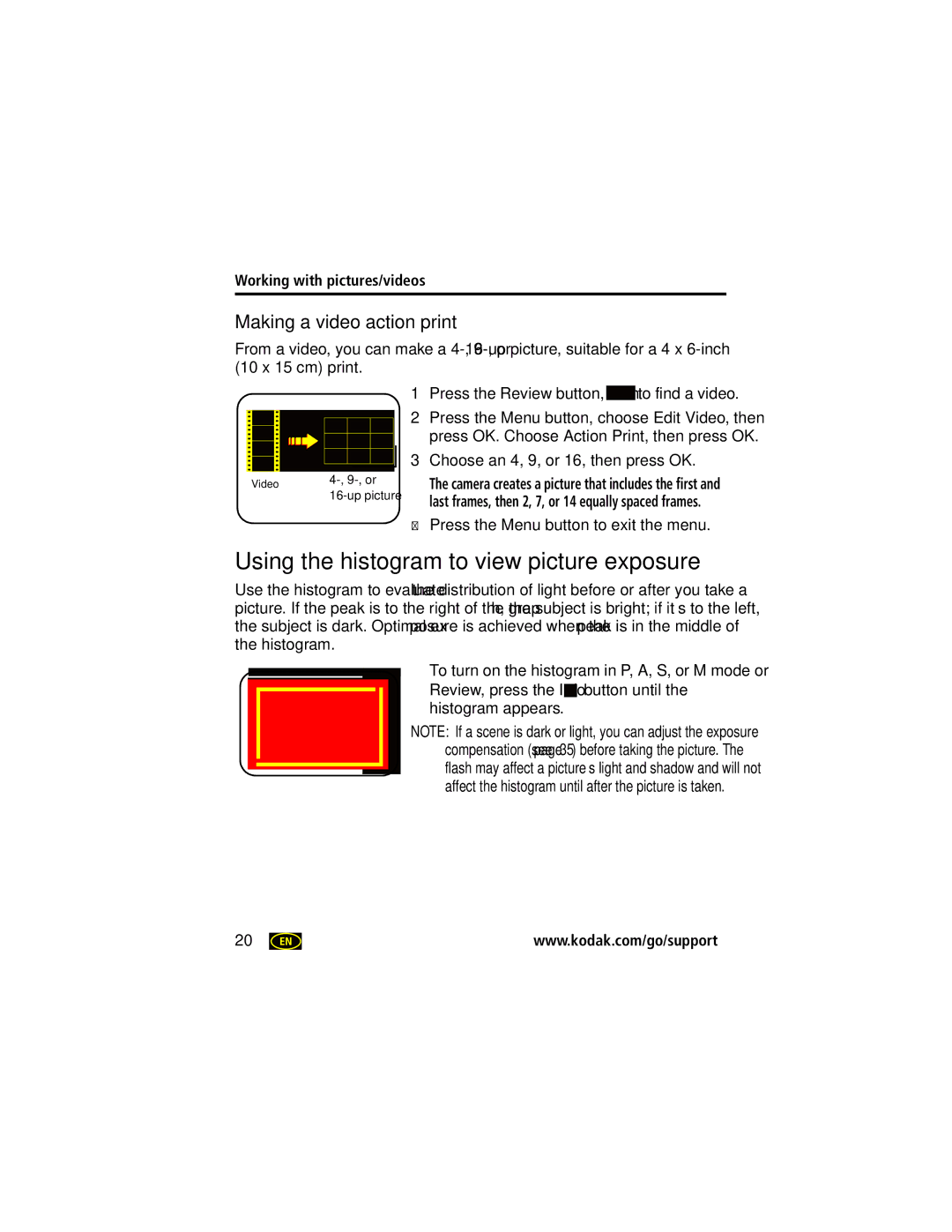 Kodak Z712 IS manual Using the histogram to view picture exposure, Making a video action print 