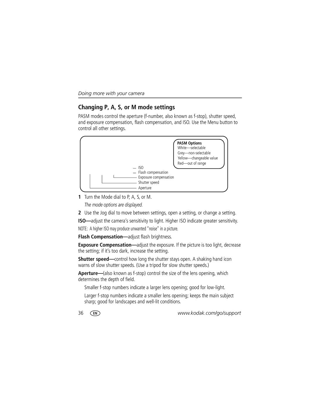 Kodak Z712 IS manual Changing P, A, S, or M mode settings, Pasm Options 