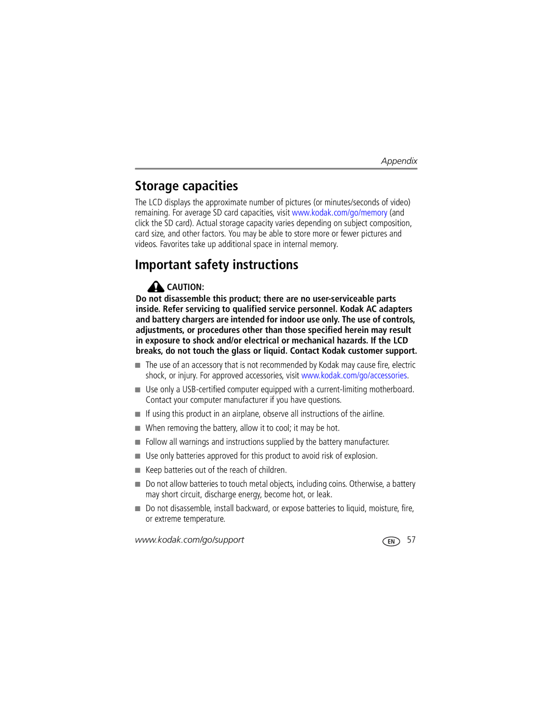 Kodak Z712 IS Storage capacities Important safety instructions, When removing the battery, allow it to cool it may be hot 