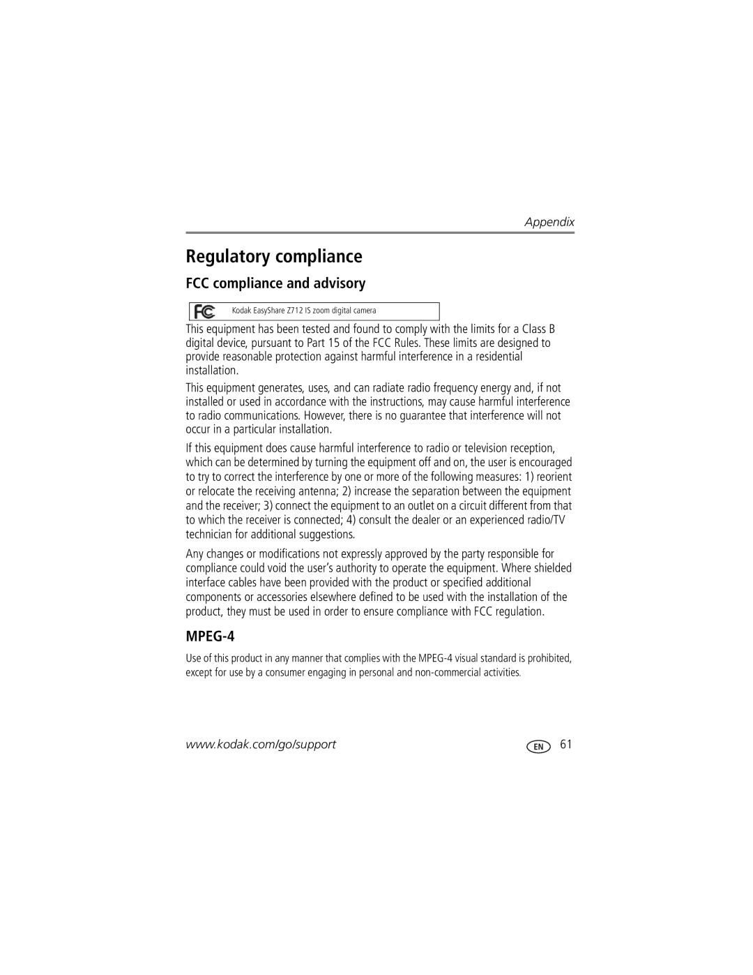 Kodak Z712 IS manual Regulatory compliance, FCC compliance and advisory 