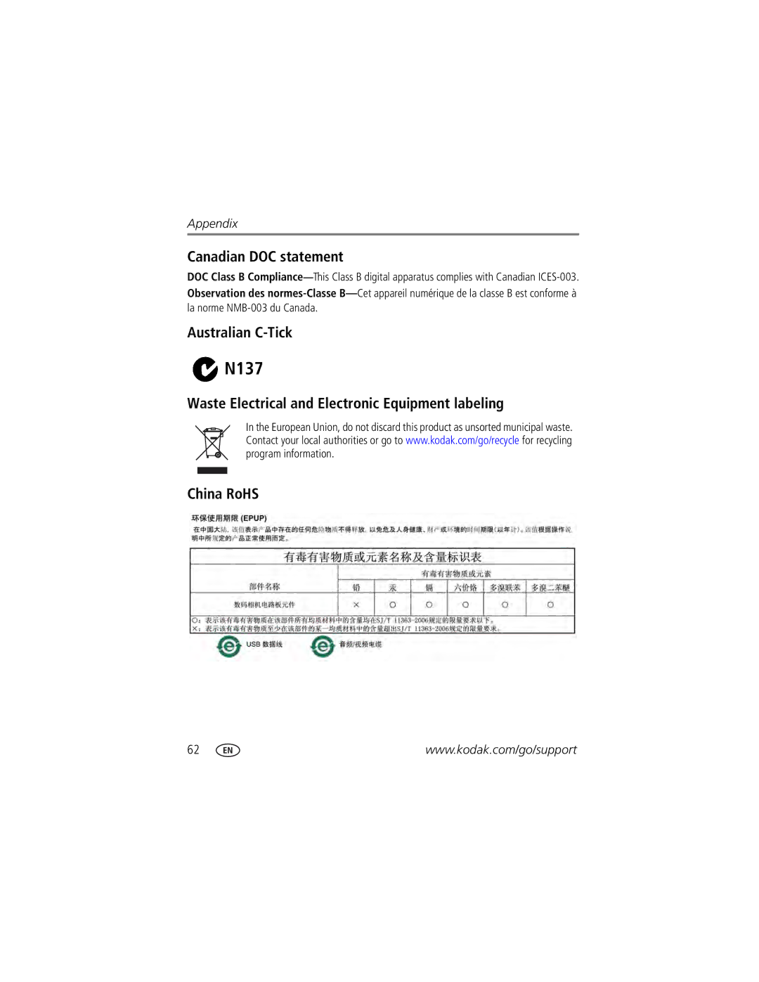 Kodak Z712 IS manual Canadian DOC statement, Australian C-Tick 