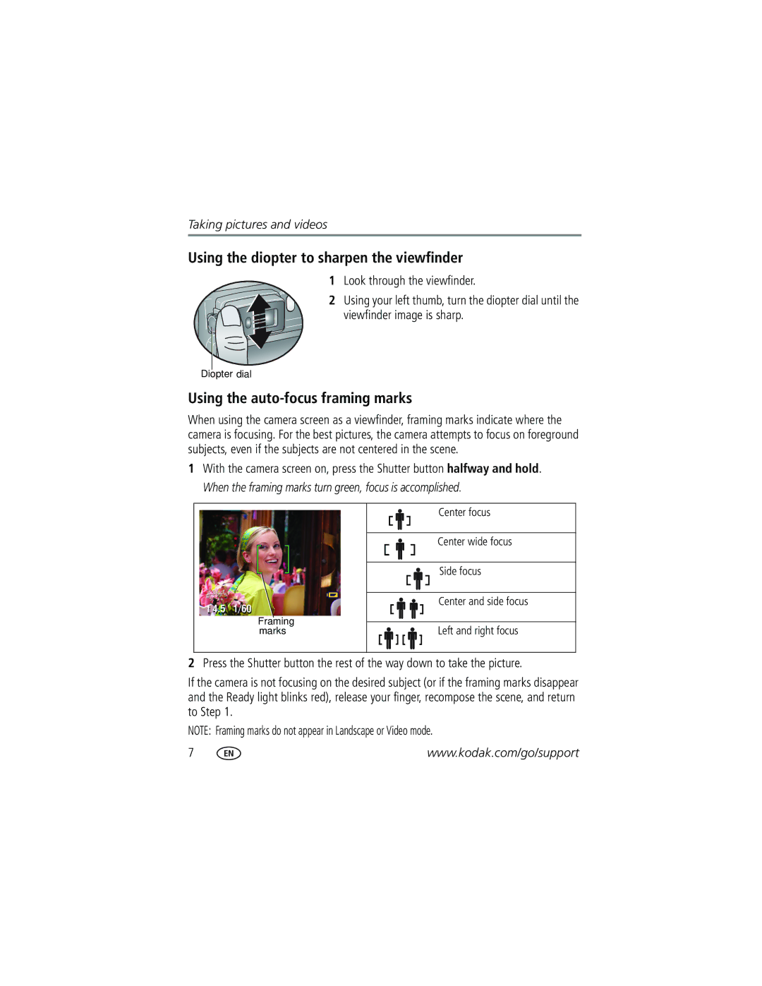 Kodak Z730 manual Using the diopter to sharpen the viewfinder, Using the auto-focus framing marks 