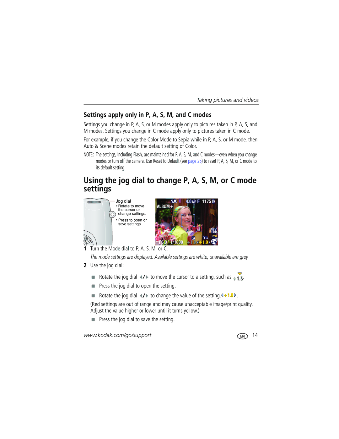 Kodak Z730 Using the jog dial to change P, A, S, M, or C mode settings, Settings apply only in P, A, S, M, and C modes 