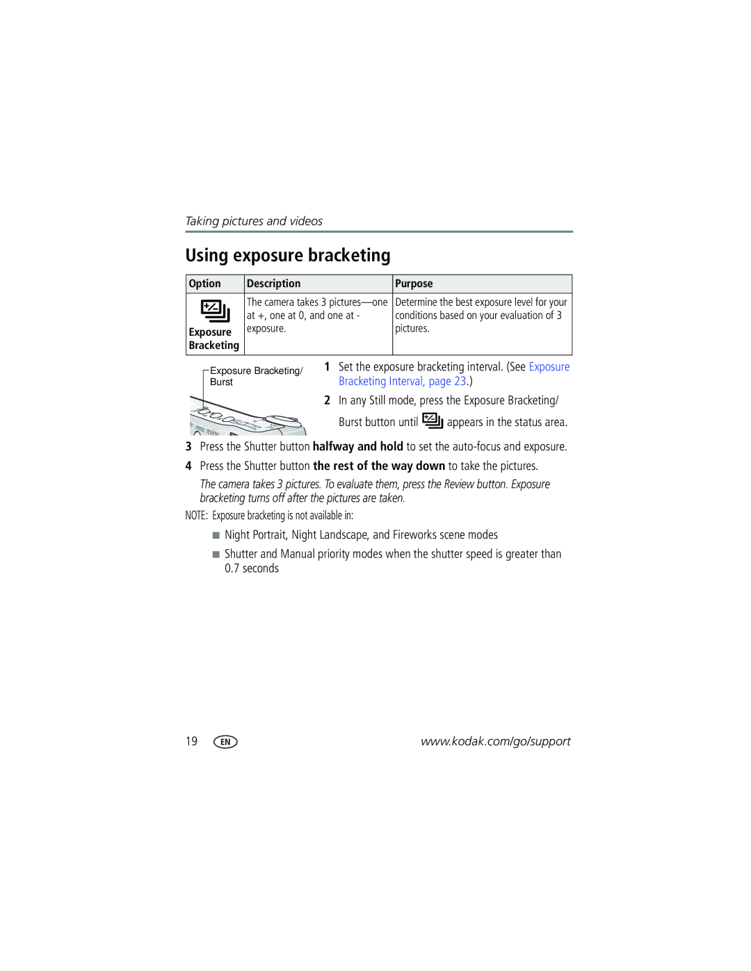 Kodak Z730 manual Using exposure bracketing, Option Description Purpose, At +, one at 0, and one at, Exposure Pictures 