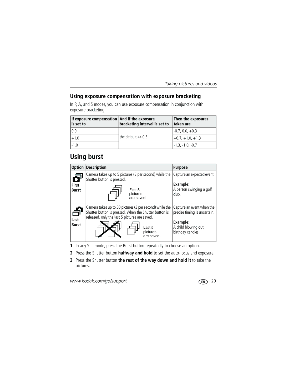 Kodak Z730 manual Using burst, Using exposure compensation with exposure bracketing 