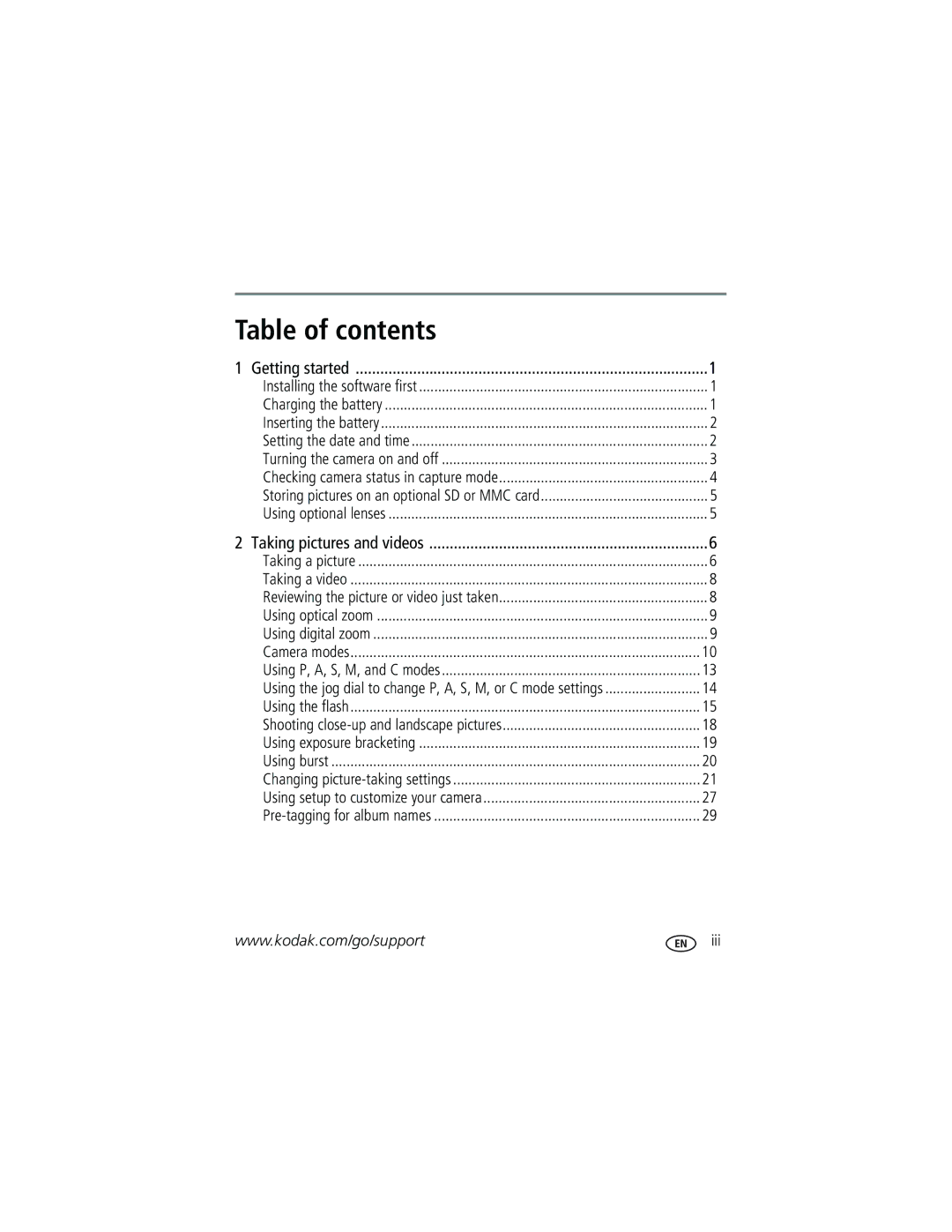 Kodak Z730 manual Table of contents 