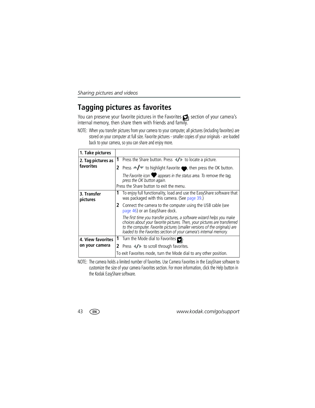 Kodak Z730 manual Tagging pictures as favorites, Take pictures, Transfer, On your camera 