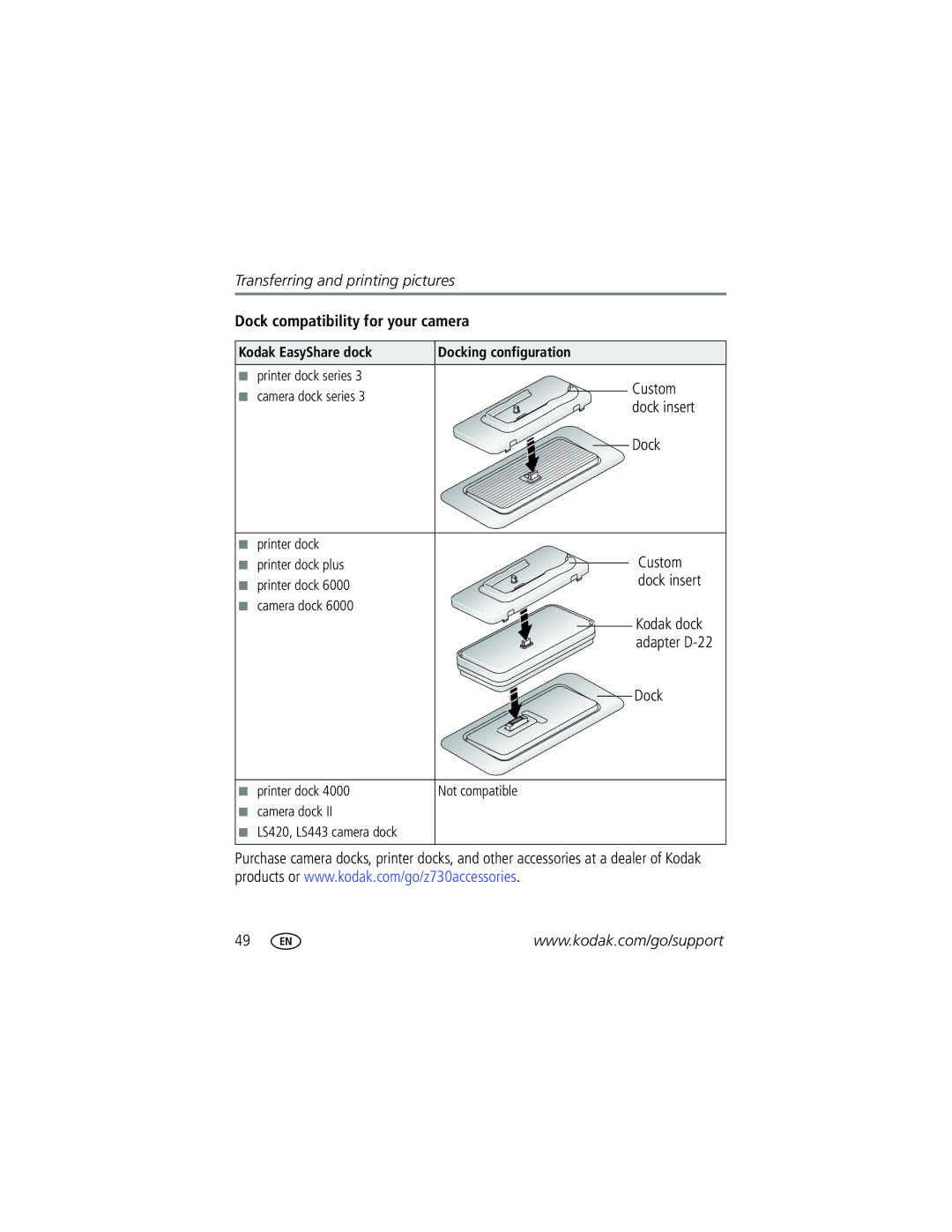 Kodak Z730 manual Dock compatibility for your camera, Kodak EasyShare dock Docking configuration 