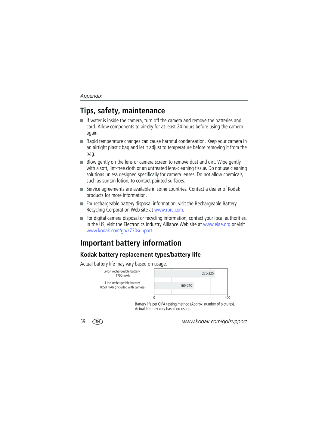 Kodak Z730 manual Tips, safety, maintenance, Important battery information, Kodak battery replacement types/battery life 