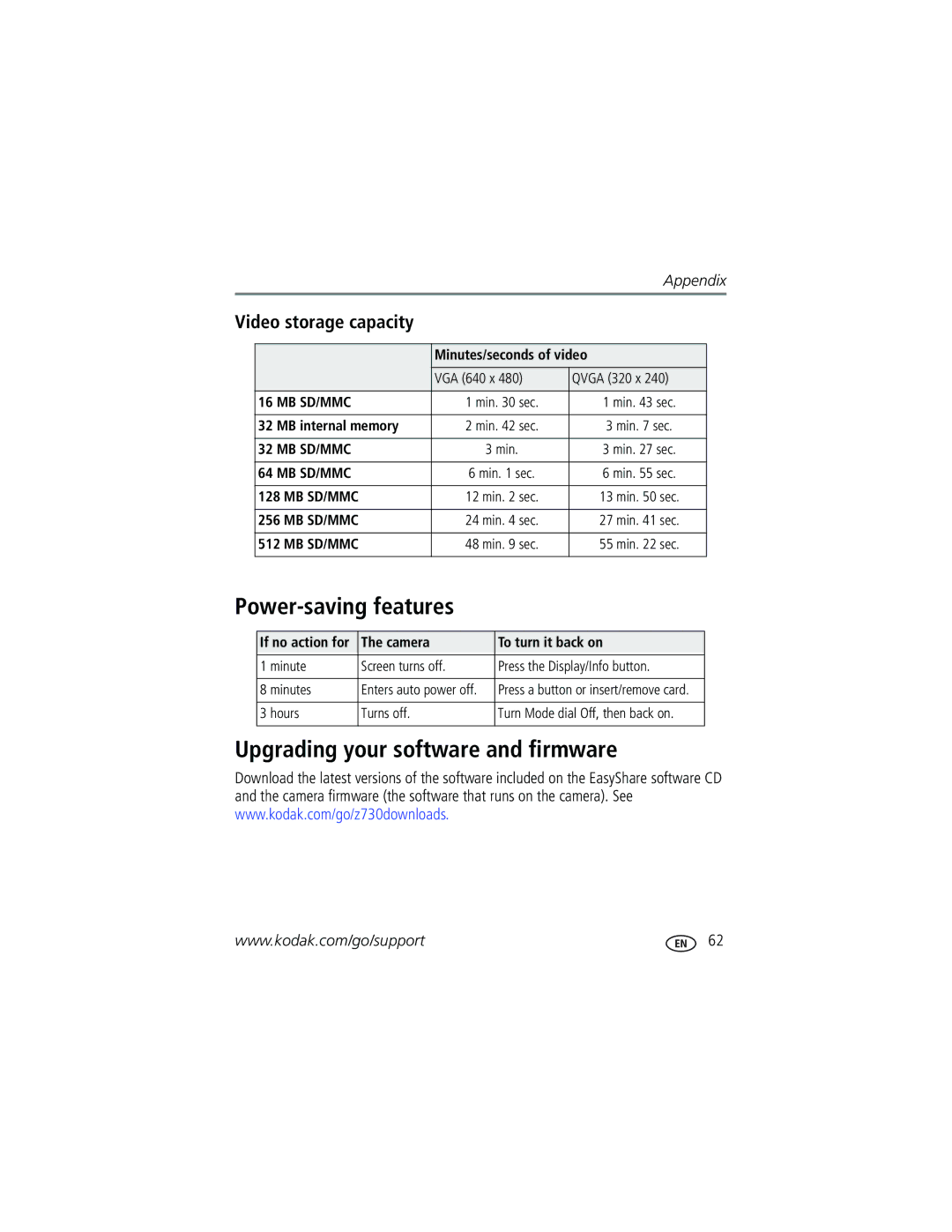 Kodak Z730 manual Power-saving features, Upgrading your software and firmware, Minutes/seconds of video 