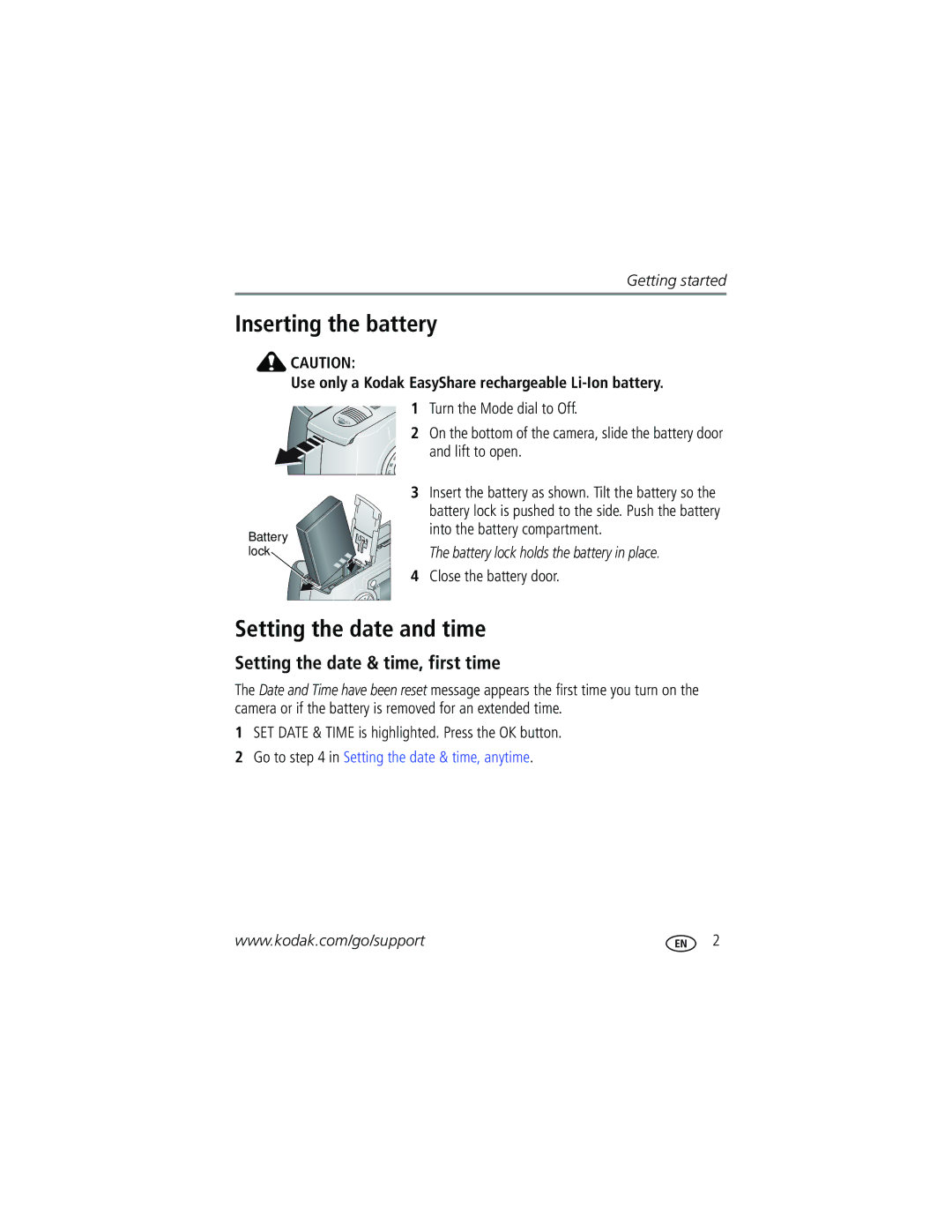 Kodak Z730 manual Inserting the battery, Setting the date and time, Setting the date & time, first time 