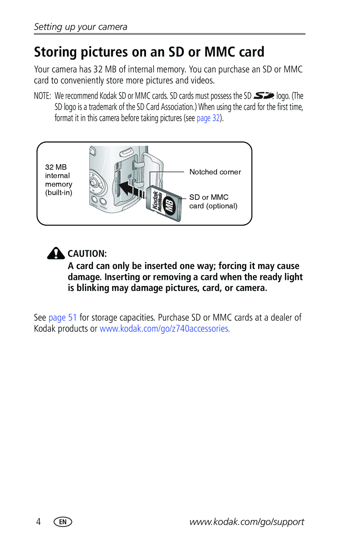 Kodak Z740 manual Storing pictures on an SD or MMC card 