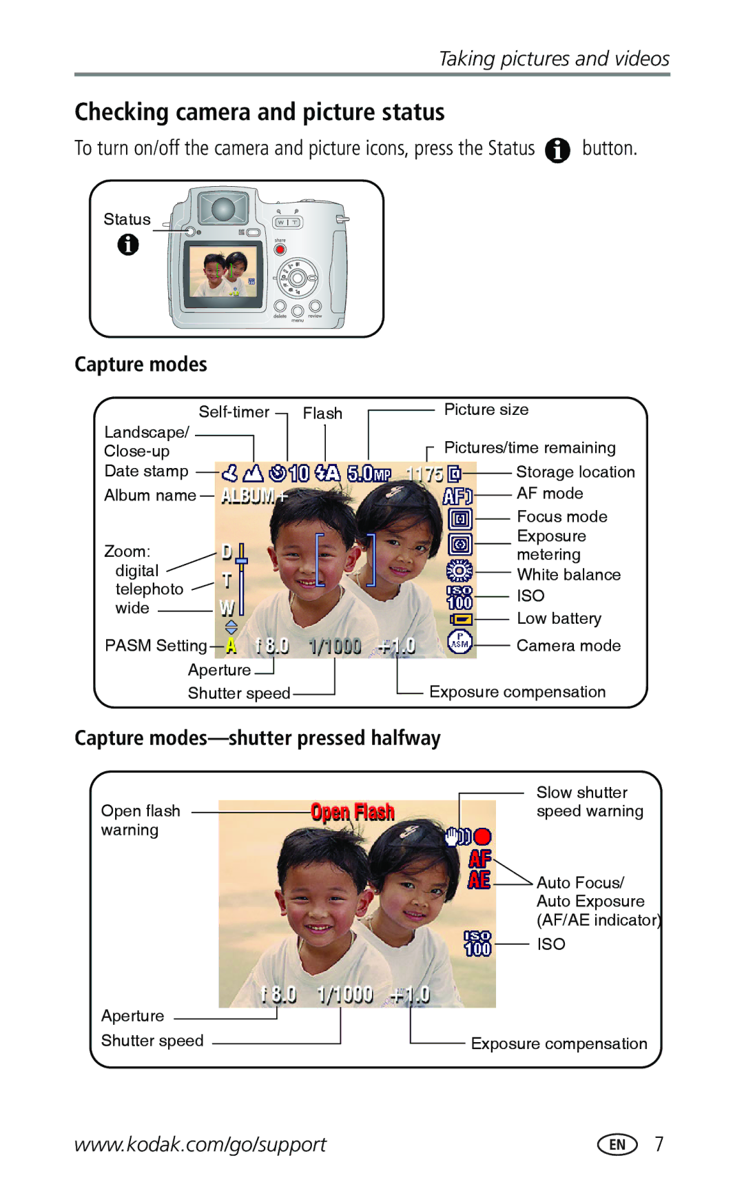 Kodak Z740 manual Checking camera and picture status, Capture modes-shutter pressed halfway 