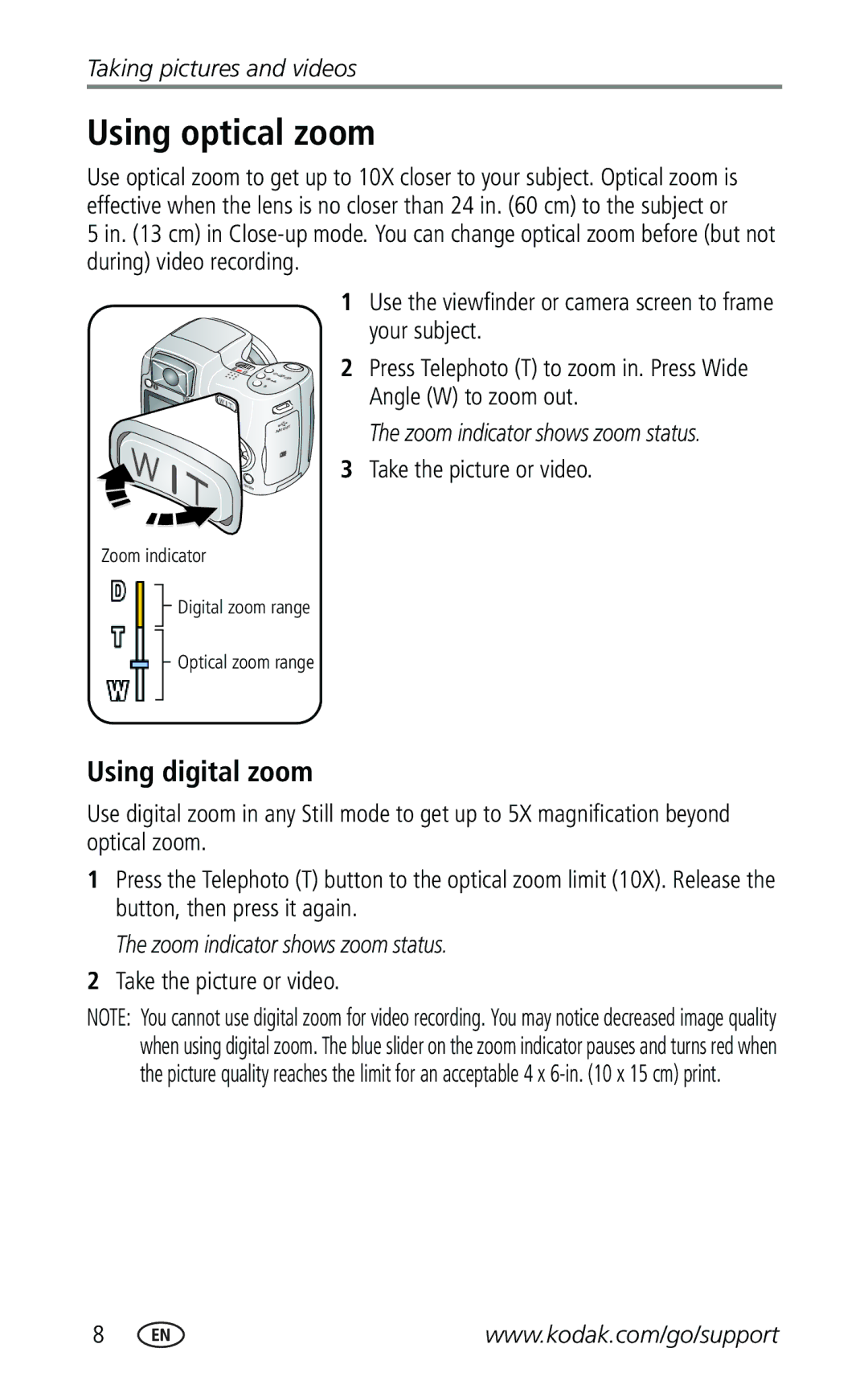 Kodak Z740 manual Using optical zoom, Using digital zoom, Take the picture or video 