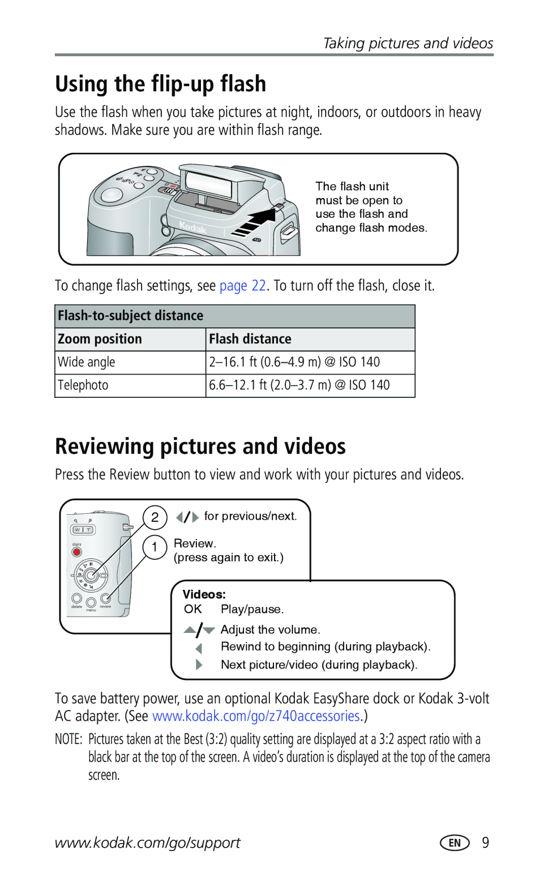 Kodak Z740 Using the flip-up flash, Reviewing pictures and videos, Flash-to-subject distance Zoom position Flash distance 